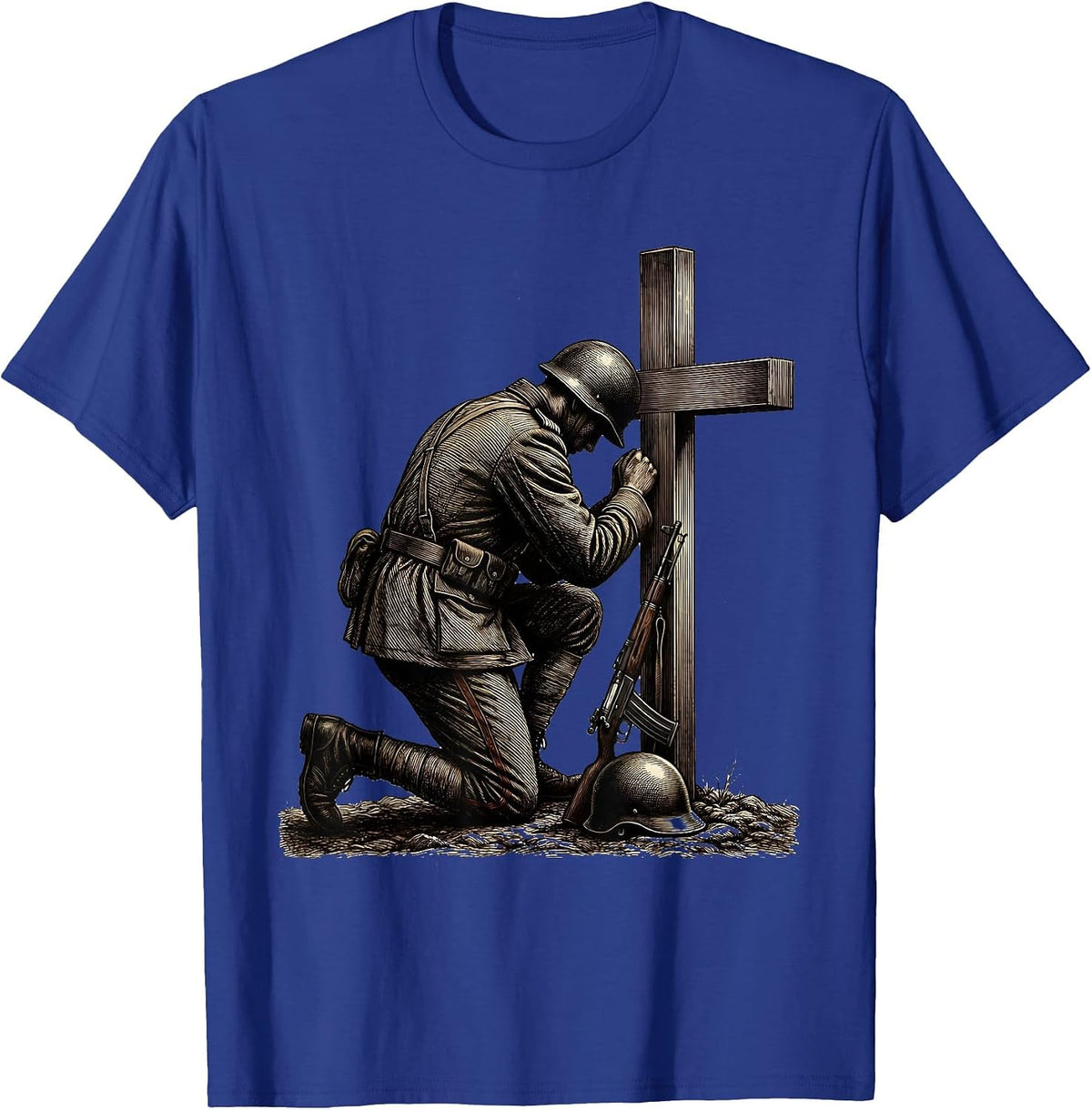 Soldier Kneeling Field Cross Memorial Veteran T-Shirt - Royal Blue