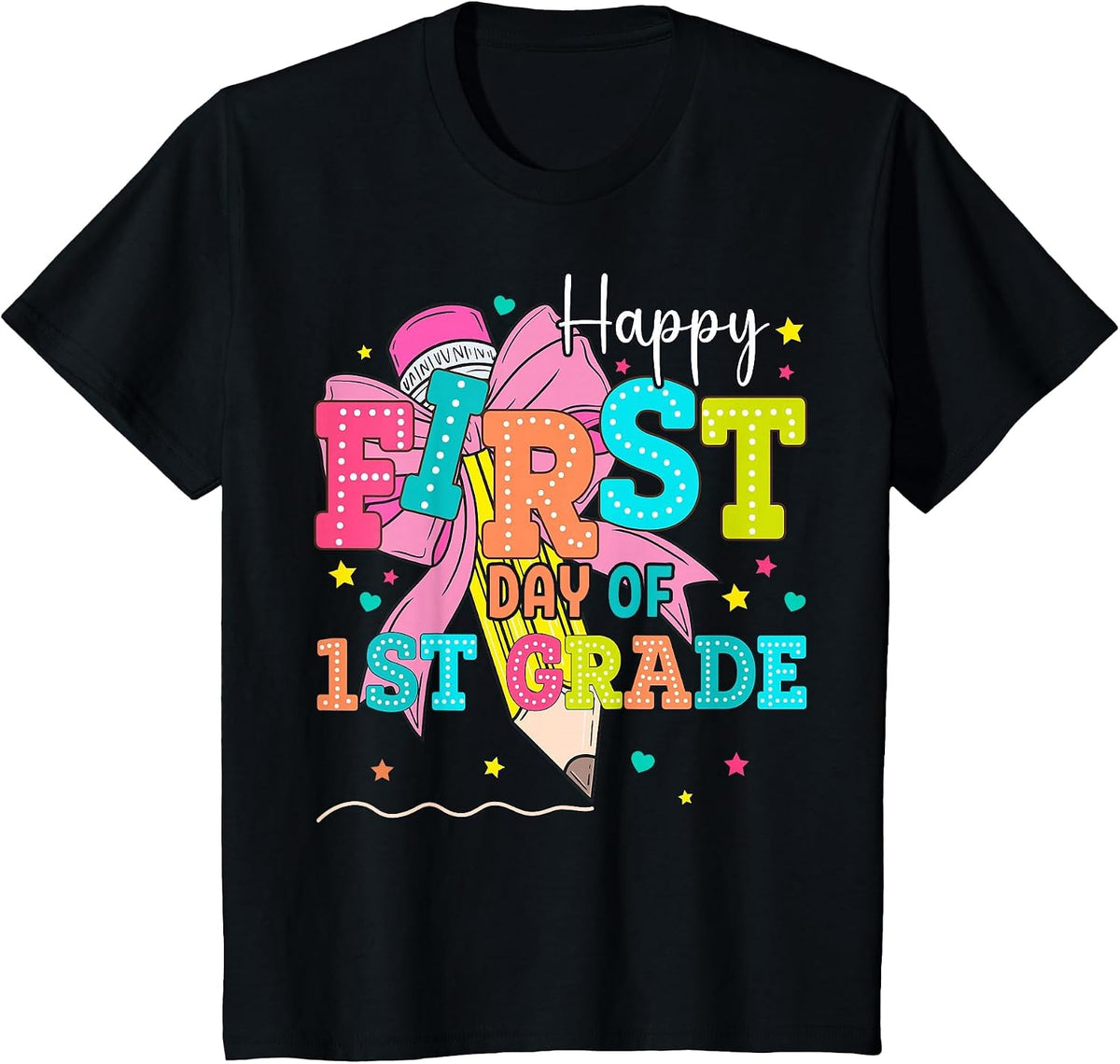 Happy First Day of 1st Grade Girls Coquette Back to School T-Shirt - Black