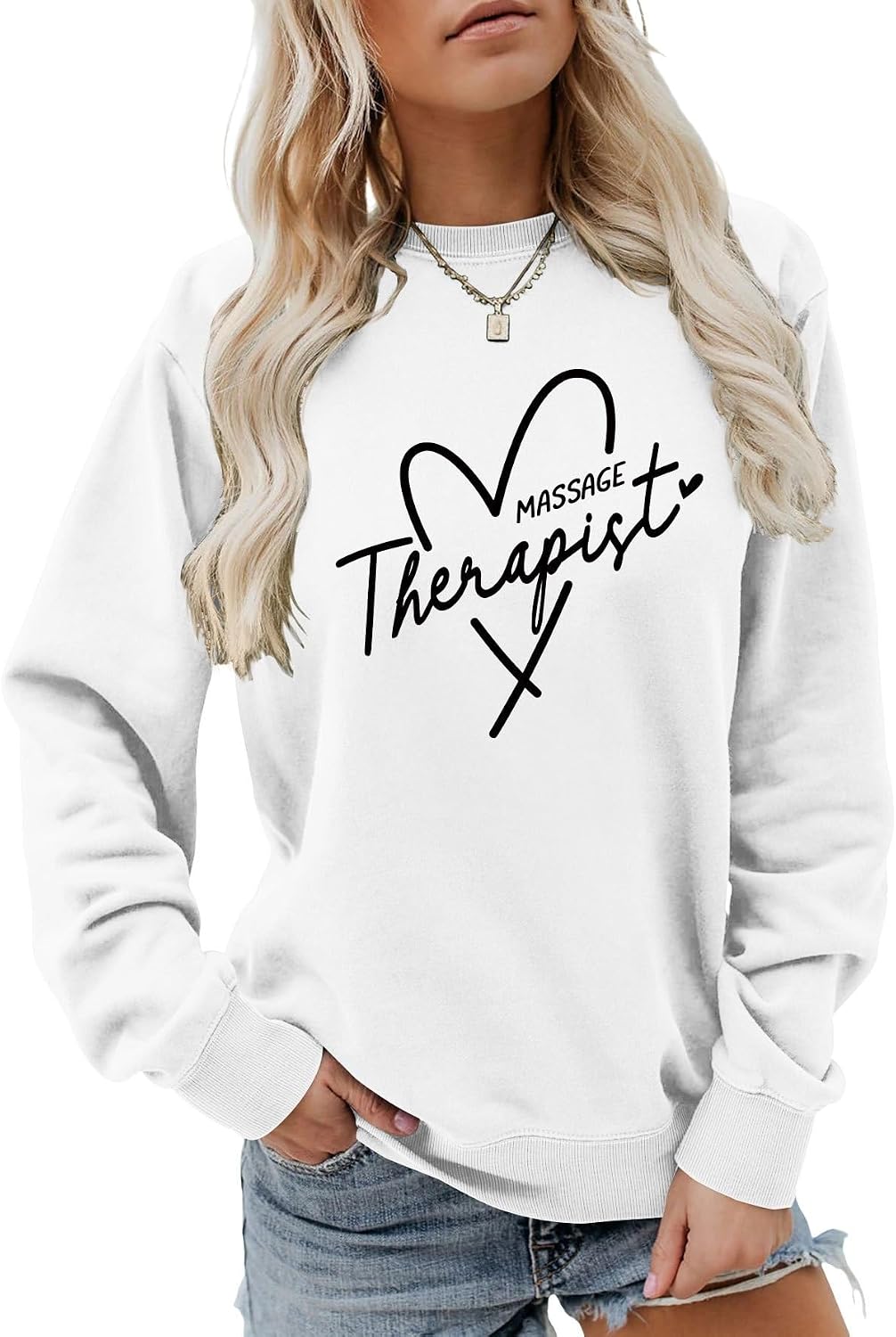 Massage Therapist Sweatshirt for Women Heart Graphic Massage Therapy Shirt Crew Neck Sweater - White