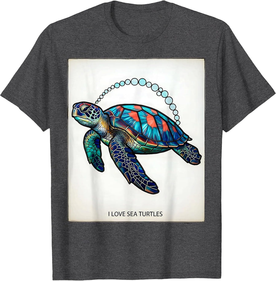 Men's I Love Sea Turtles Stained Glass Mosaic Sea Turtle Lover T-Shirt - Dark Heather Grey