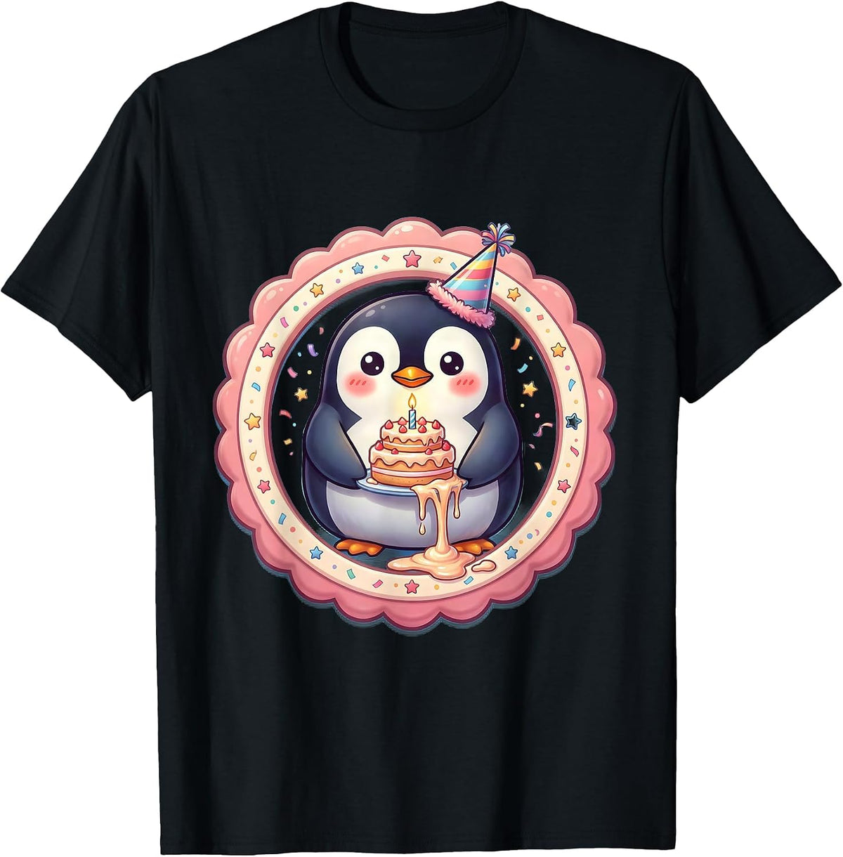 Men's Penguin Birthday Cake Celebration Graphic T-Shirt - Black