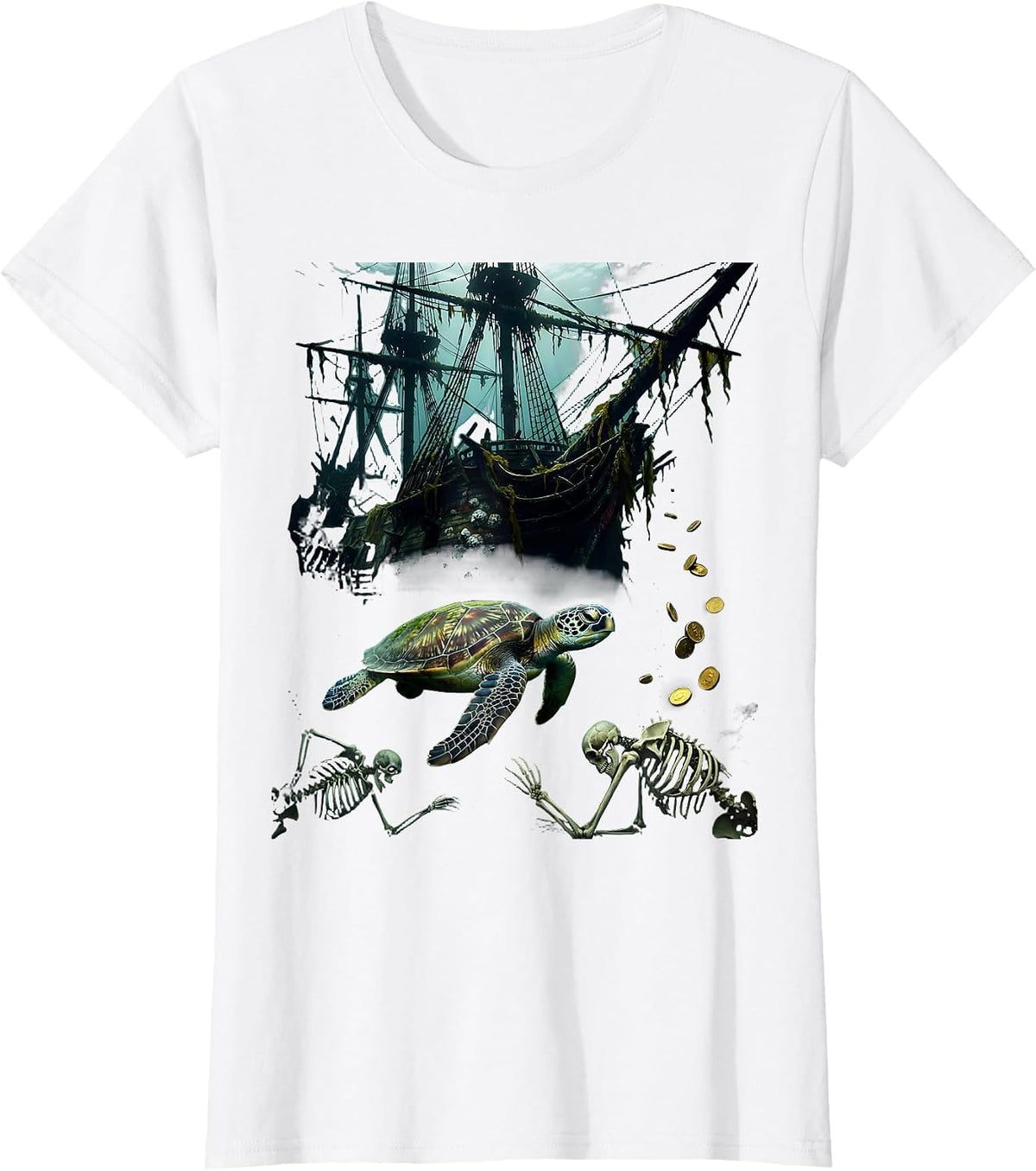 Sea Turtle Shipwreck Pirate Ocean Art T-Shirt - White