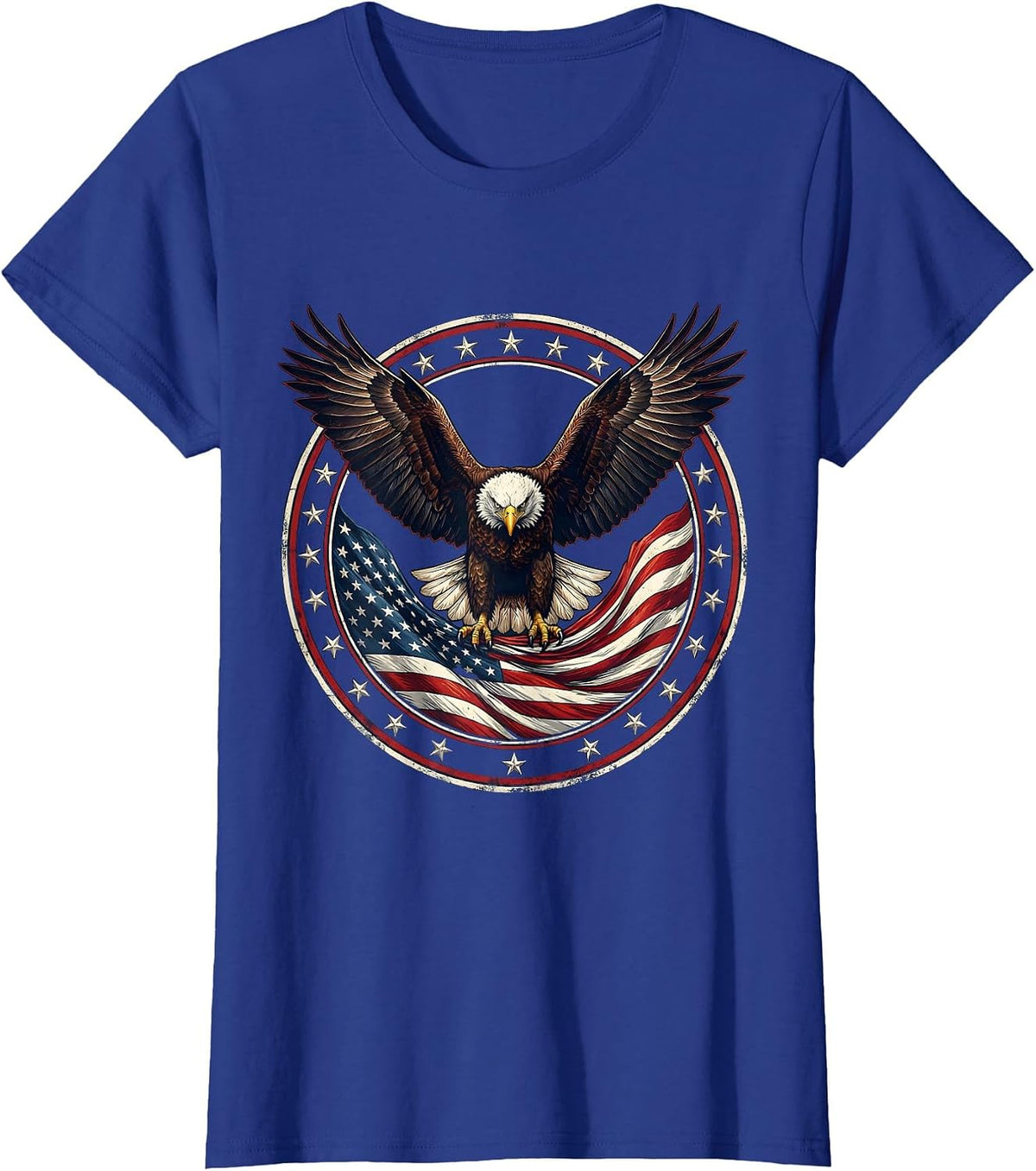 Women's Bald Eagle Soaring Over American Flag T-Shirt - Royal Blue