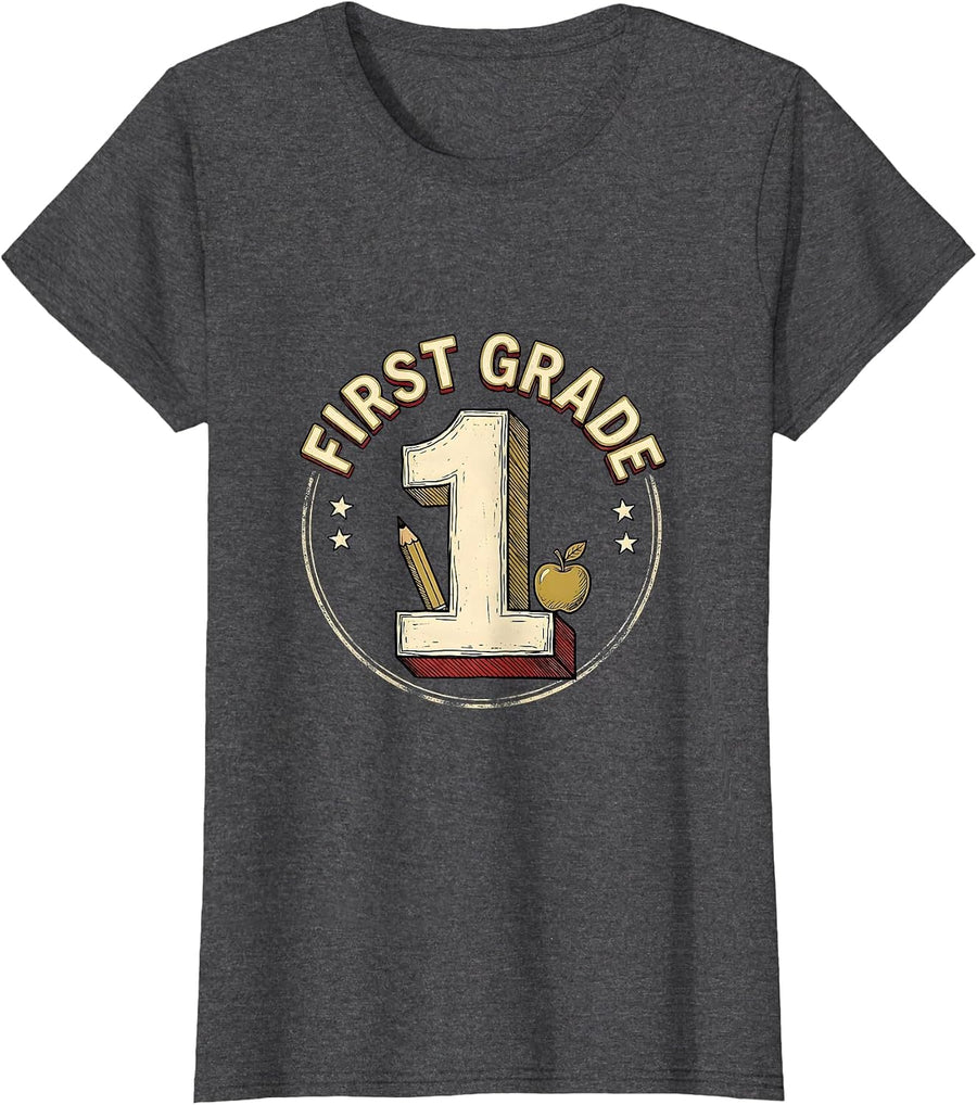 Women's First Grade Typography Team First Day of School Student T-Shirt - Dark Heather Grey