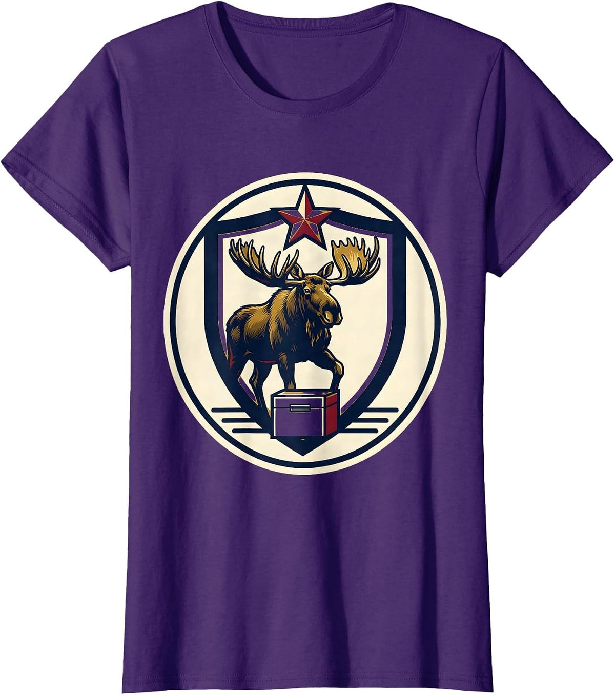Women's Bull Moose Shield Badge Political Satire History Lover T-Shirt - Purple