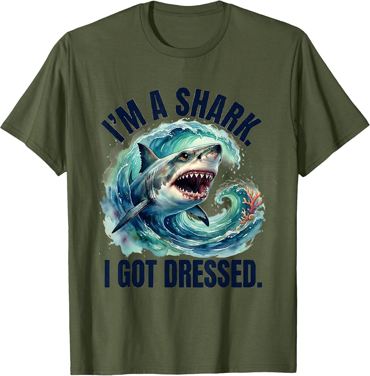 Men's I'm A Shark I Got Dressed Watercolor Shark Jaw Halloween T-Shirt - Olive Green