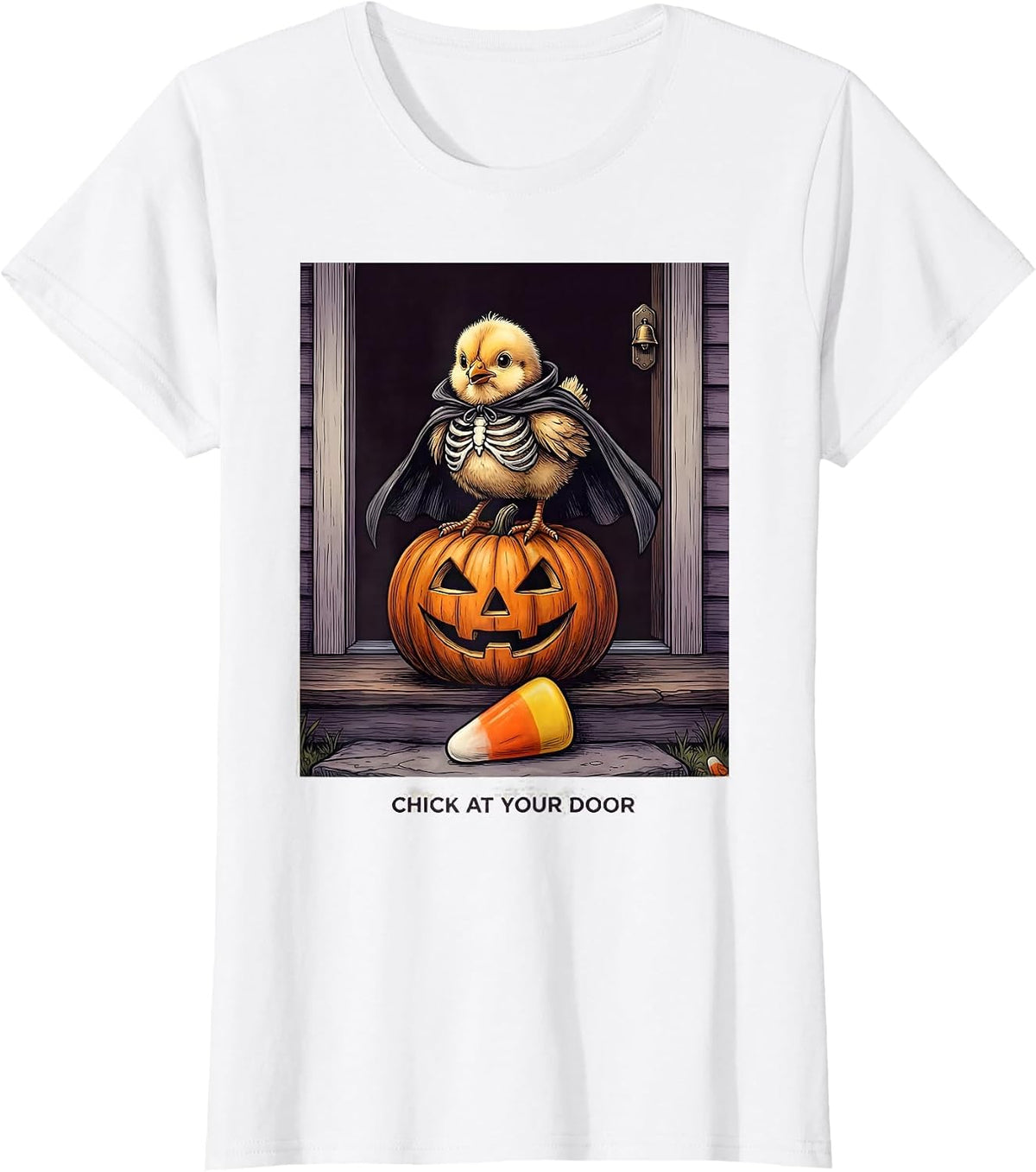 Women's Chick At Your Door Funny Halloween Chicken Lover Costume T-Shirt - White