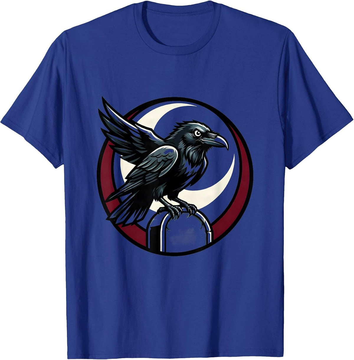 Raven on Gravestone Crescent Moon Gothic Art T-Shirt - Royal Blue