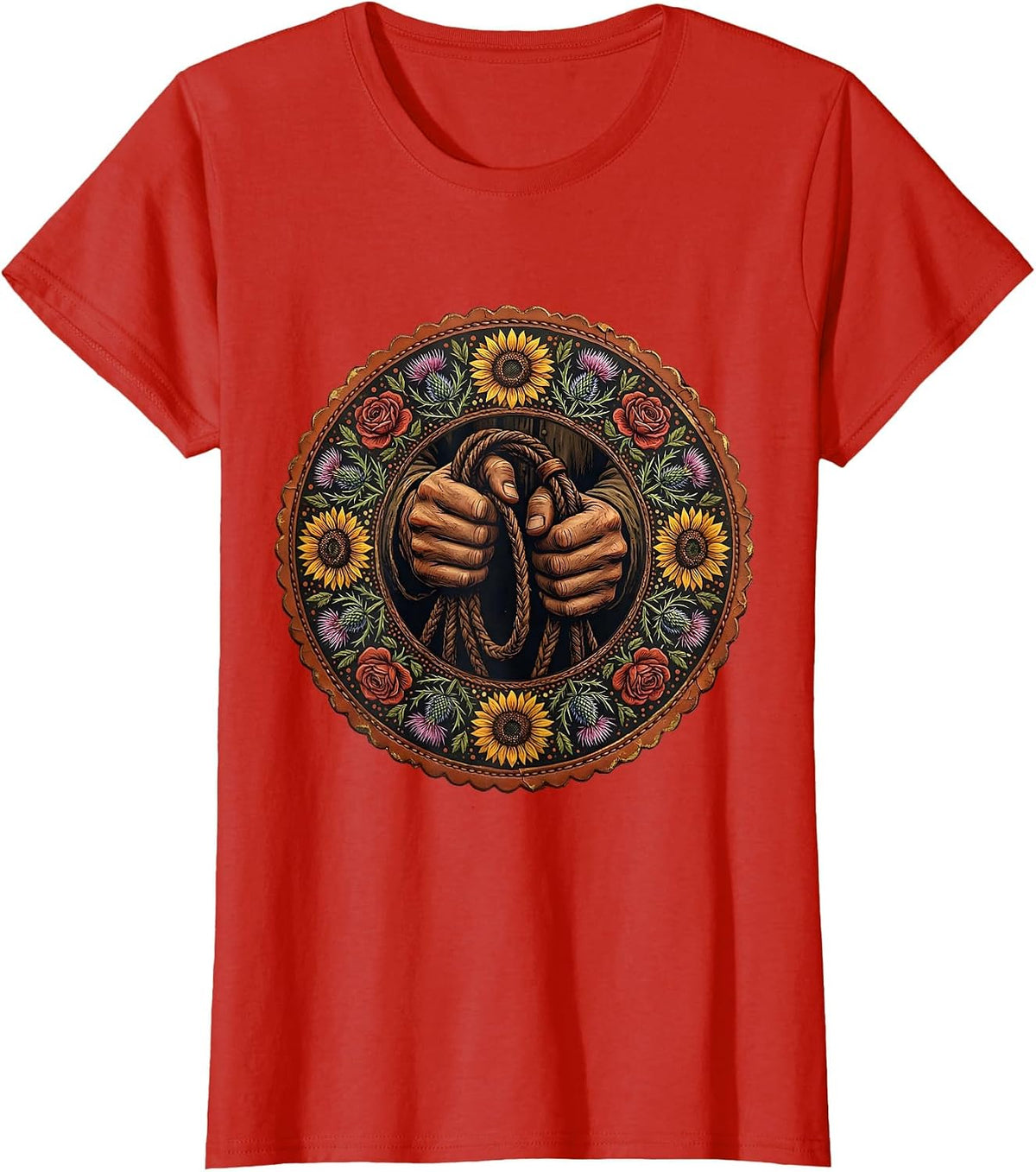 Black Cowgirl Bridle Reins Close-Up Graphic T-Shirt - Red