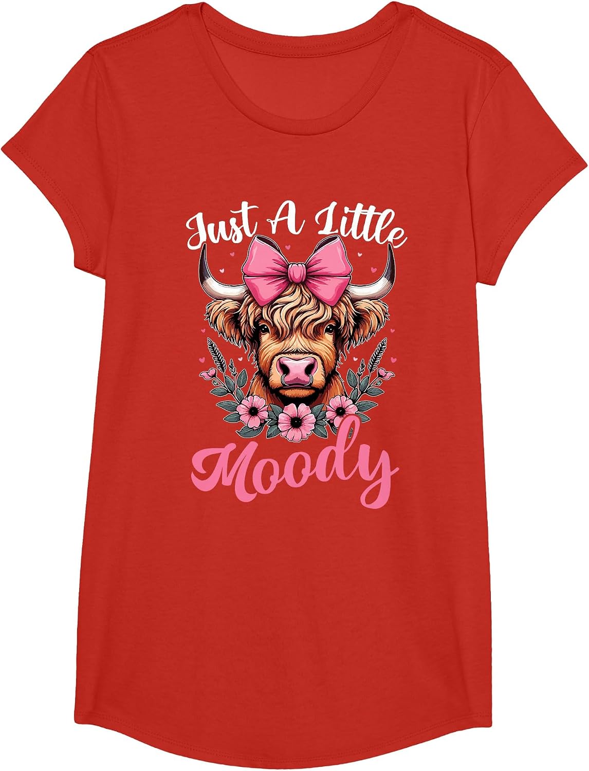 Just A Little Moody Cute Highland Cow Flower Farm Farmer T-Shirt - Girls Red