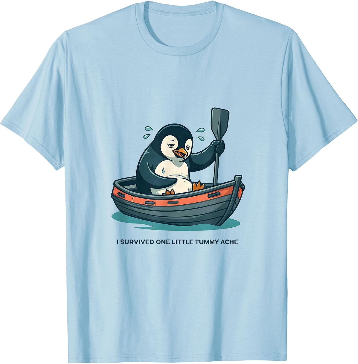I Survived One Little Tummy Ache Funny Penguin Meme Humor T-Shirt, Men, Baby Blue, Medium - As Pictured