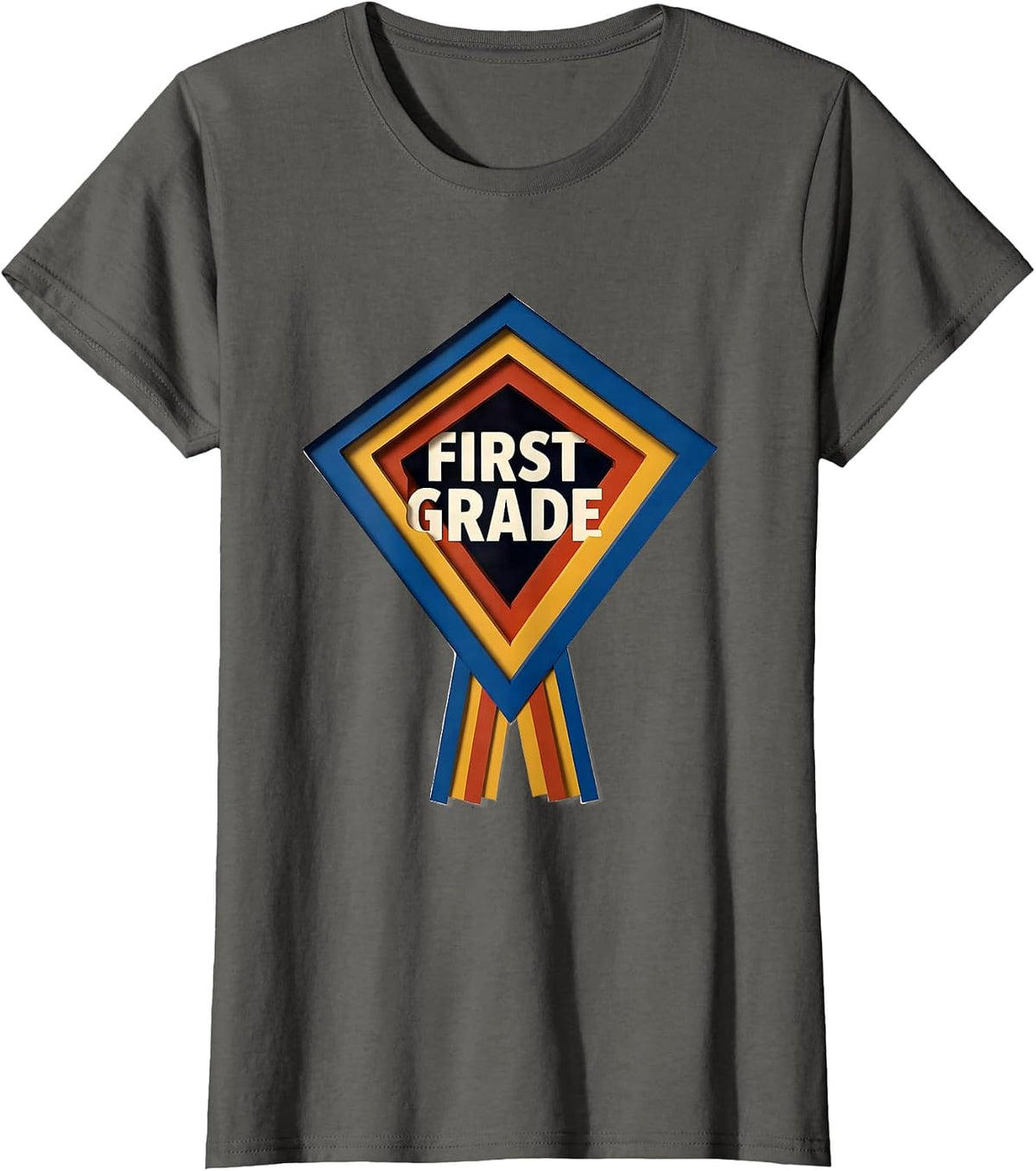 Women's First Grade Geometric Pennant Back To School Girl T-Shirt - Asphalt Grey