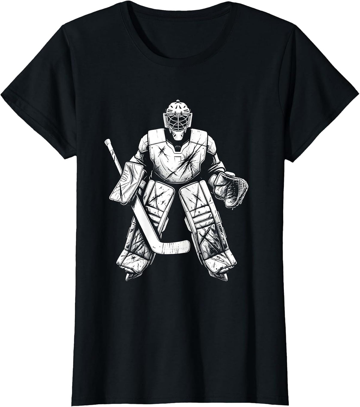 Battle-Worn Goalie Pads Armored Hockey Graphic T-Shirt - Black