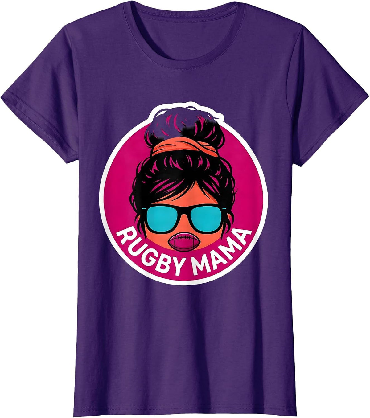 Women's Rugby Mama Funny Messy Bun Sports Mom Team Pride T-Shirt - Purple
