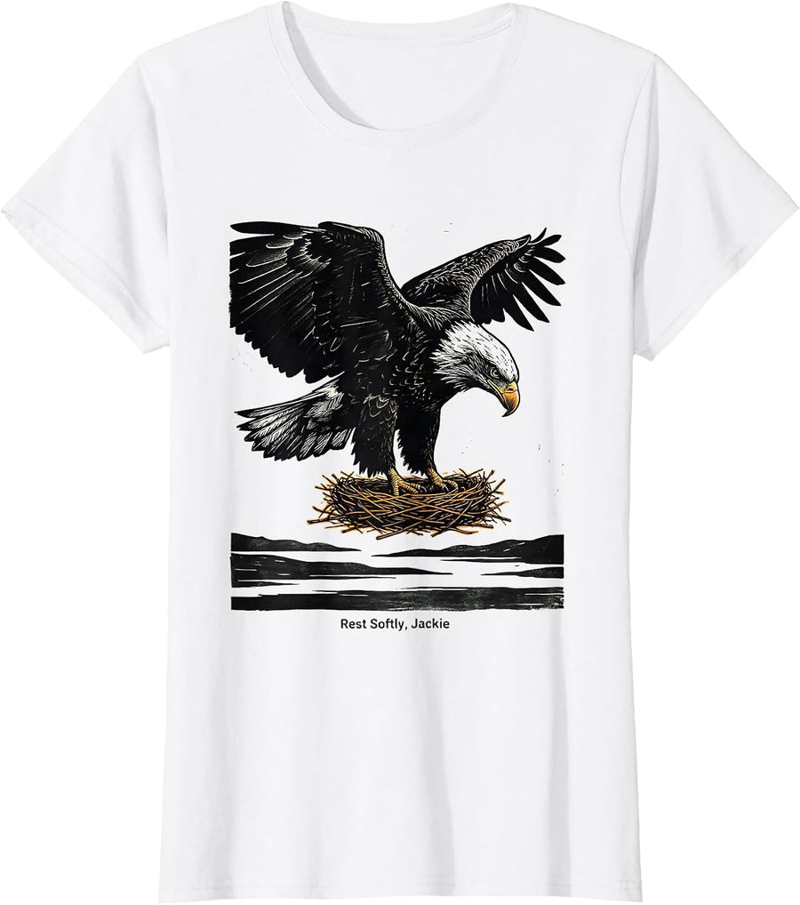 Women's Rest Softly Jackie Memorial Tribute Bald Eagle Linocut T-Shirt - White
