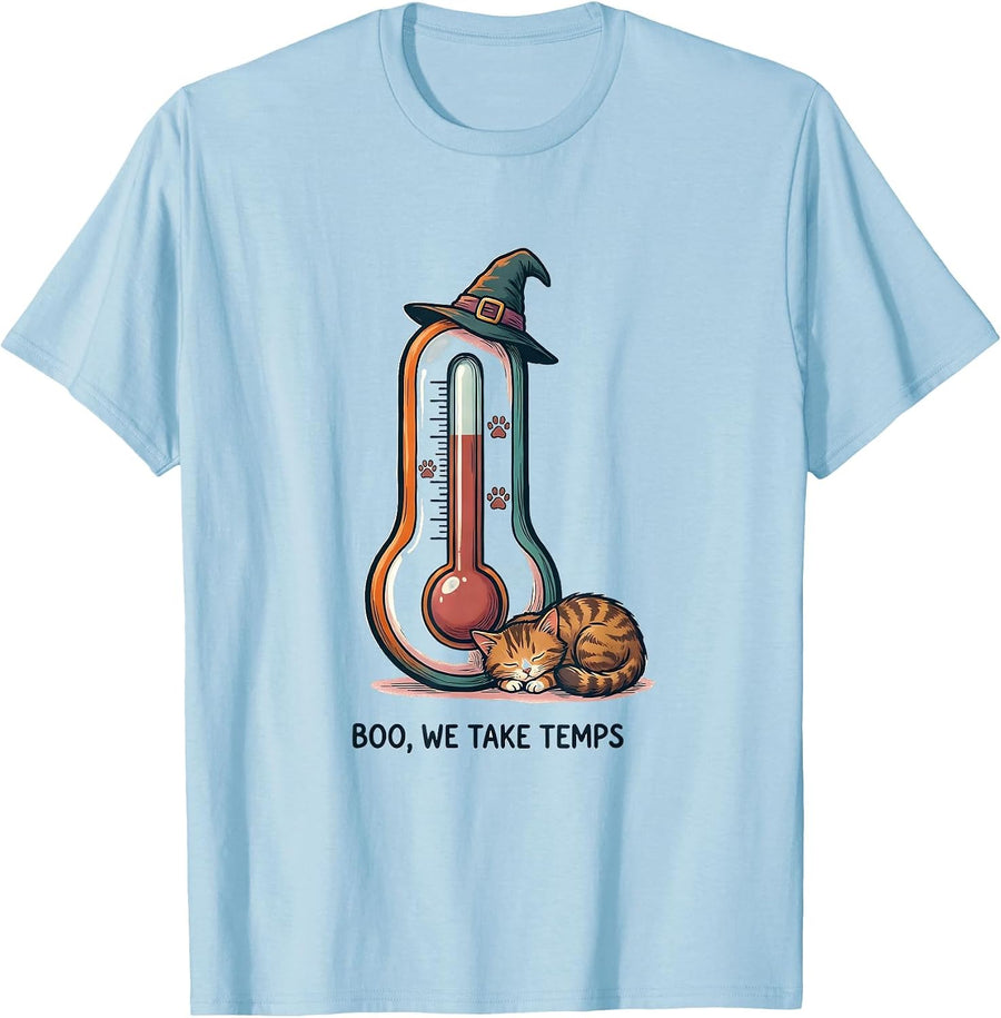Men's Boo We Take Temps Funny Vet Tech Halloween Workplace Humor T-Shirt - Baby Blue