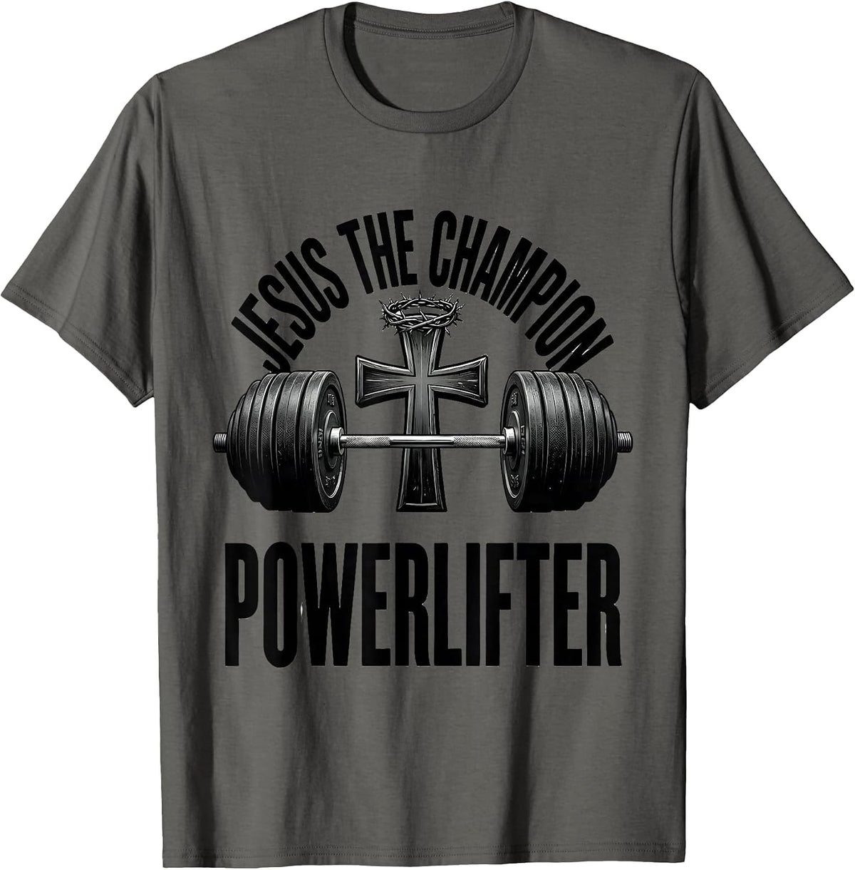 Men's Jesus The Champion Powerlifter Funny Christian Gym T-Shirt - Asphalt Grey