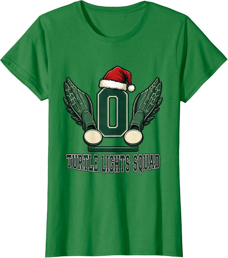 Women's Turtle Lights Squad Whimsical Holiday Sea Turtle Lover T-Shirt - Kelly Green