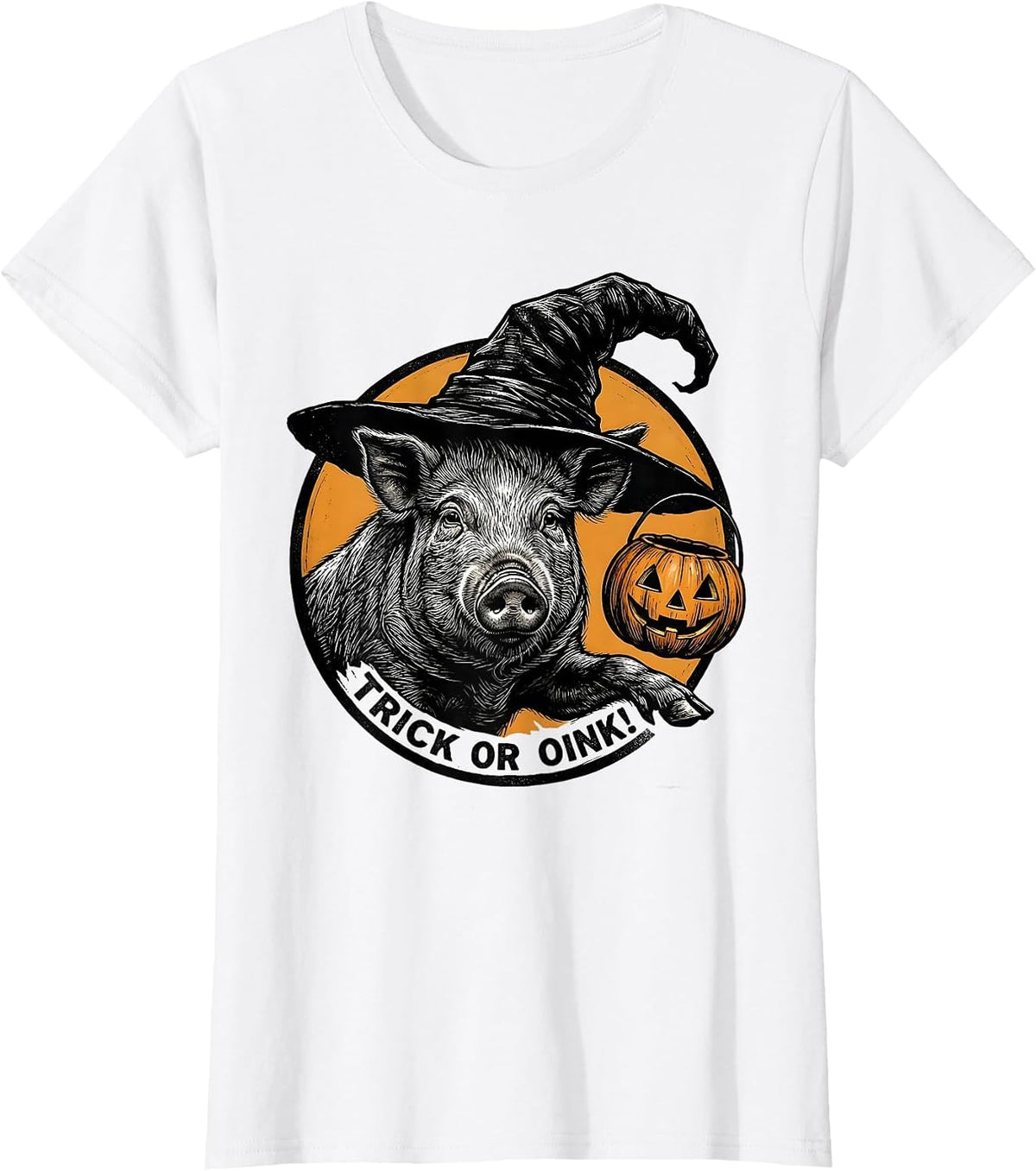Women's Trick or Oink! Scratchboard Pig Witch Hat Halloween Costume T-Shirt - White