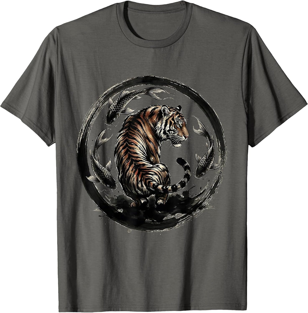 Tiger and Koi Fish Swirl Graphic Design T-Shirt - Asphalt Grey
