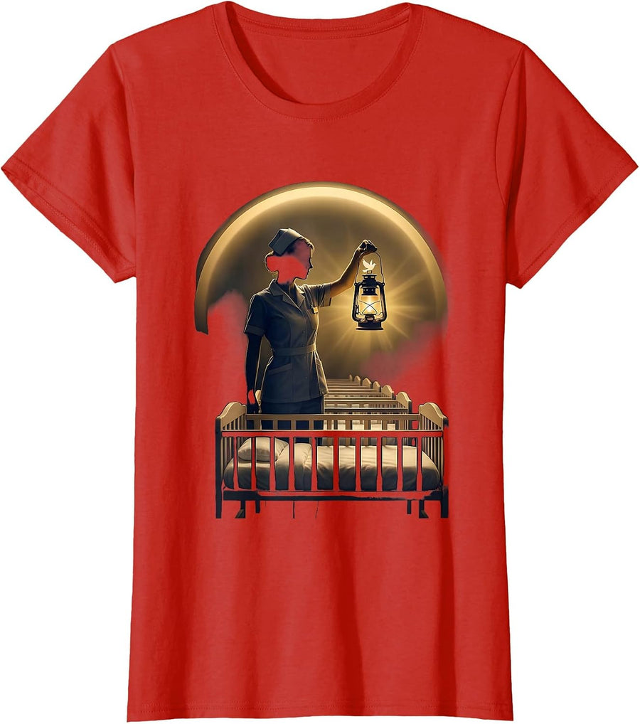Women's NICU Nurse Lantern and Baby Cribs Illustration T-Shirt - Red
