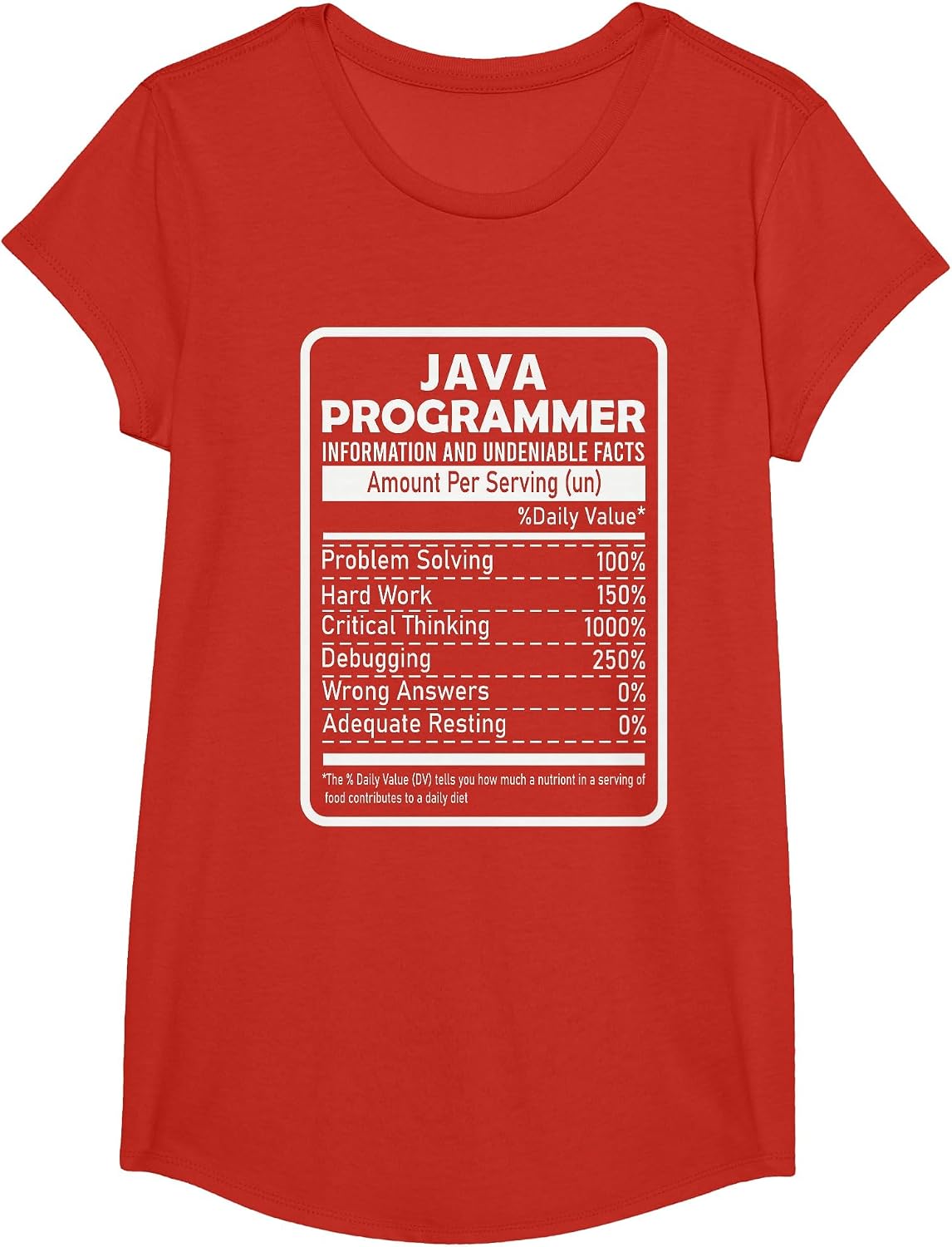 Funny Java Programmer Nutritional Facts Java Programming T-Shirt - Girls Red
