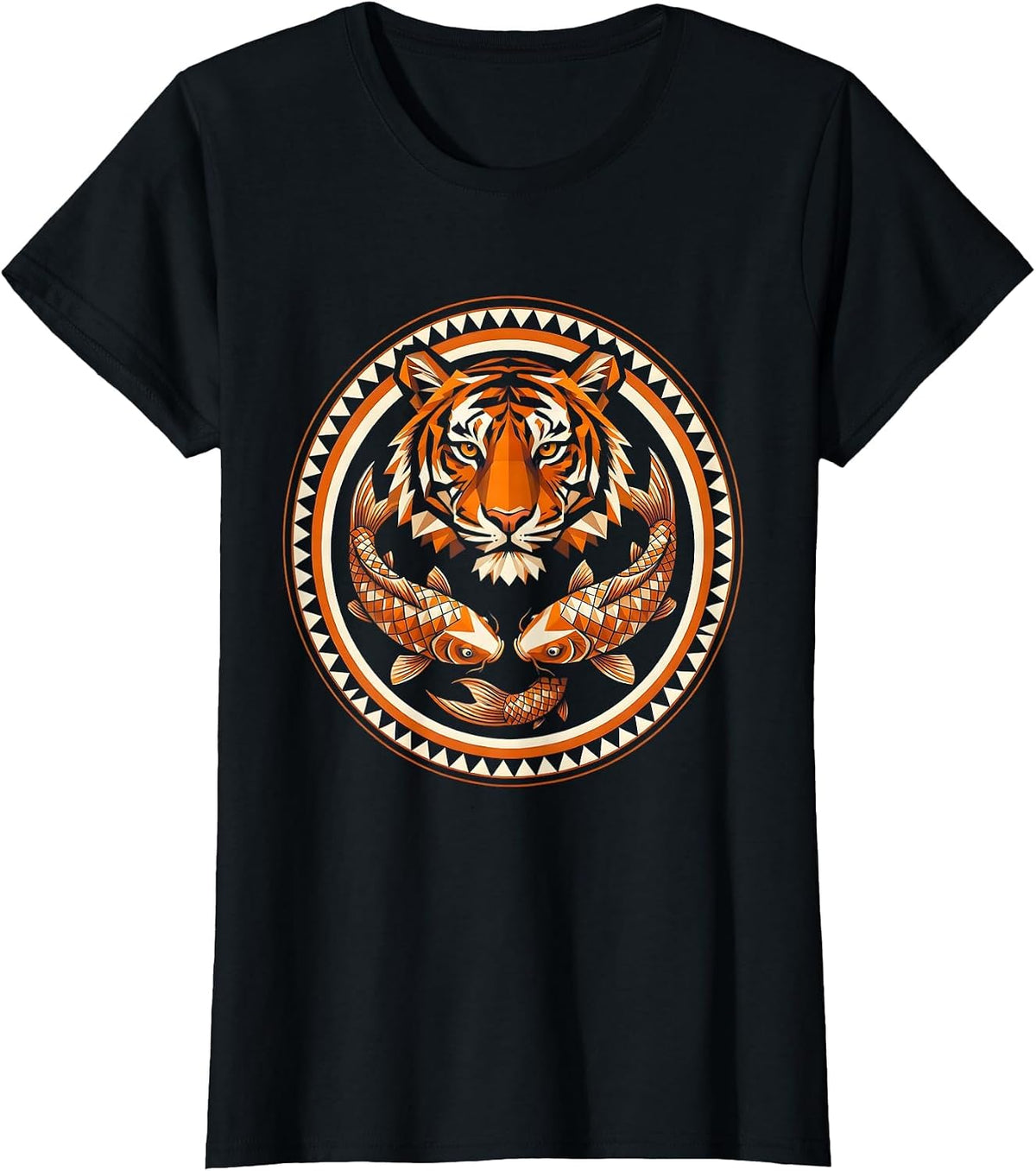 Women's Tiger and Koi Fish Swirl Graphic Design T-Shirt - Black