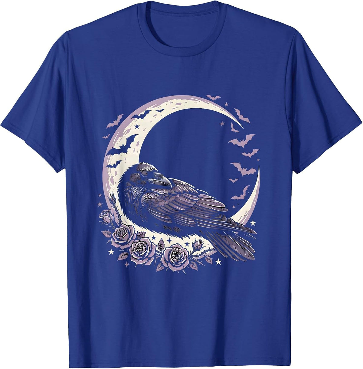 Crescent Moon Sleeping Raven Gothic Night Design T-Shirt - Royal Blue