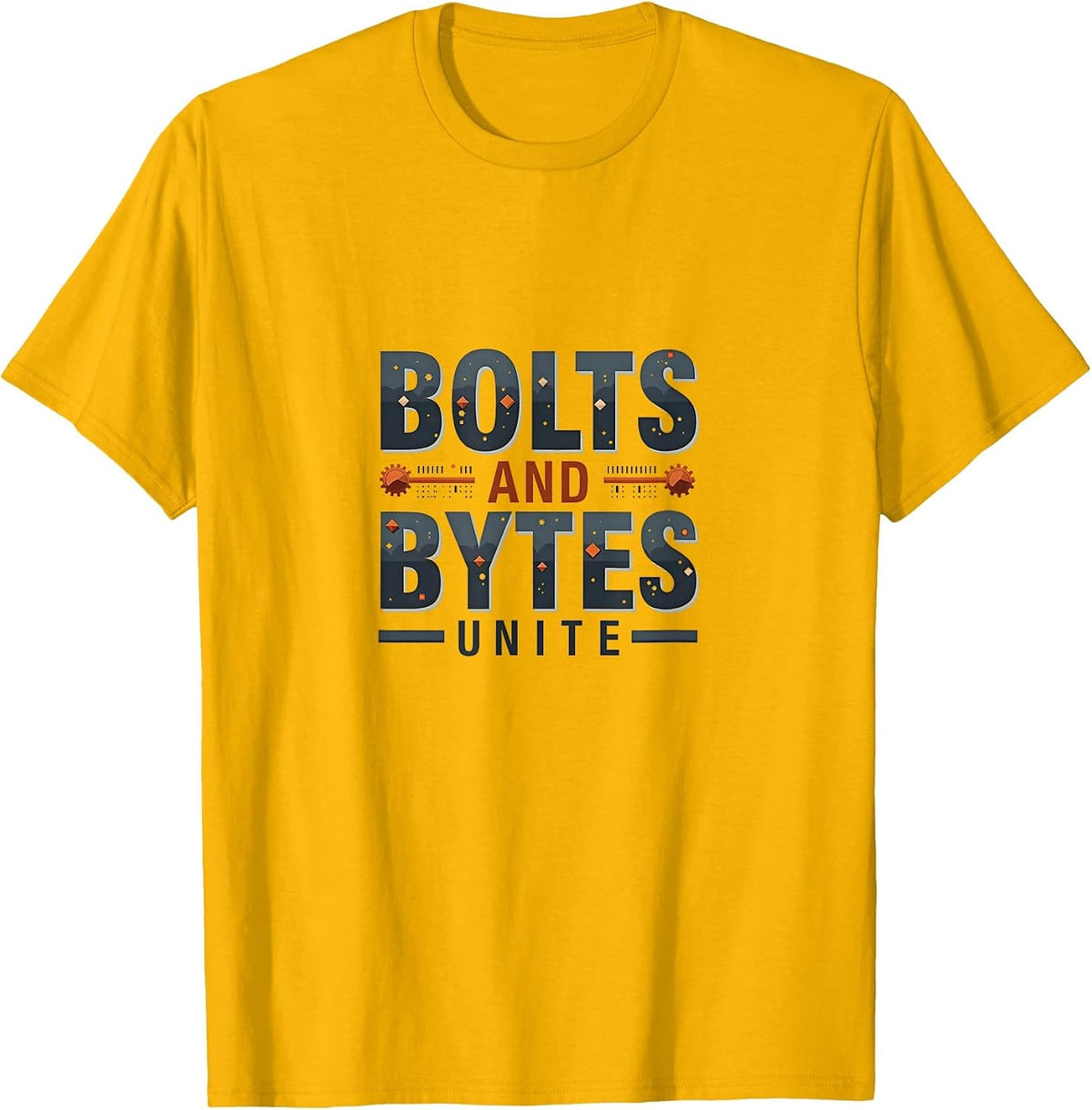 Bolts and Bytes Unite Tech Engineering Design T-Shirt - Golden Yellow