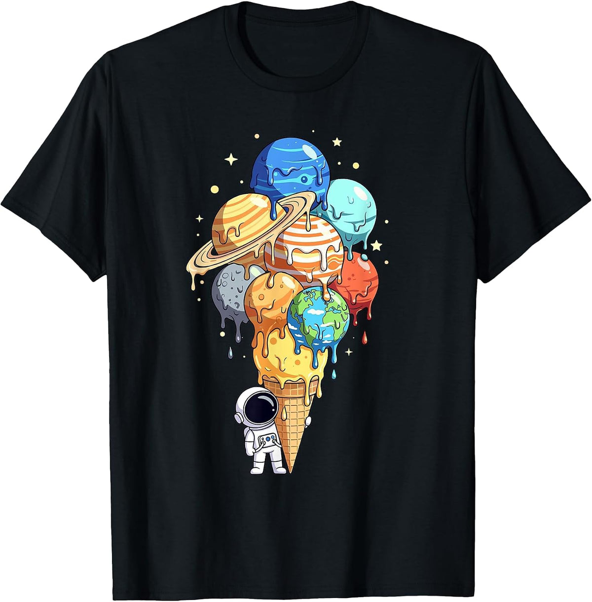 Astronaut Planet Ice Cream Cone Space Astronomy Solar System T-Shirt - Black