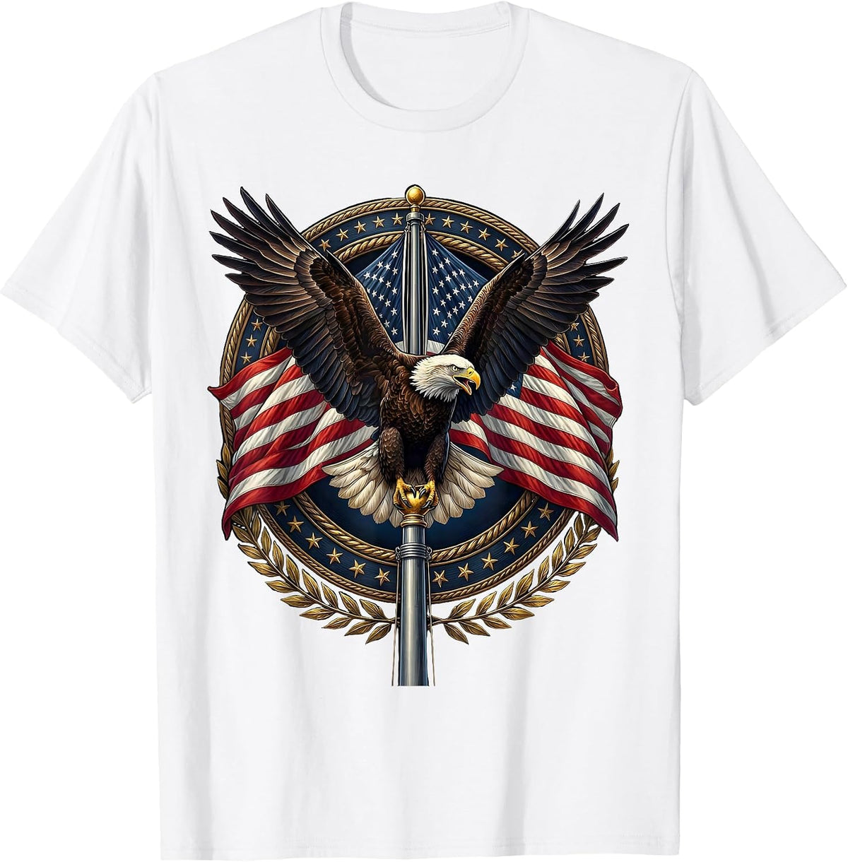 Men's Bald Eagle American Flag Pole Patriotic Design T-Shirt - White