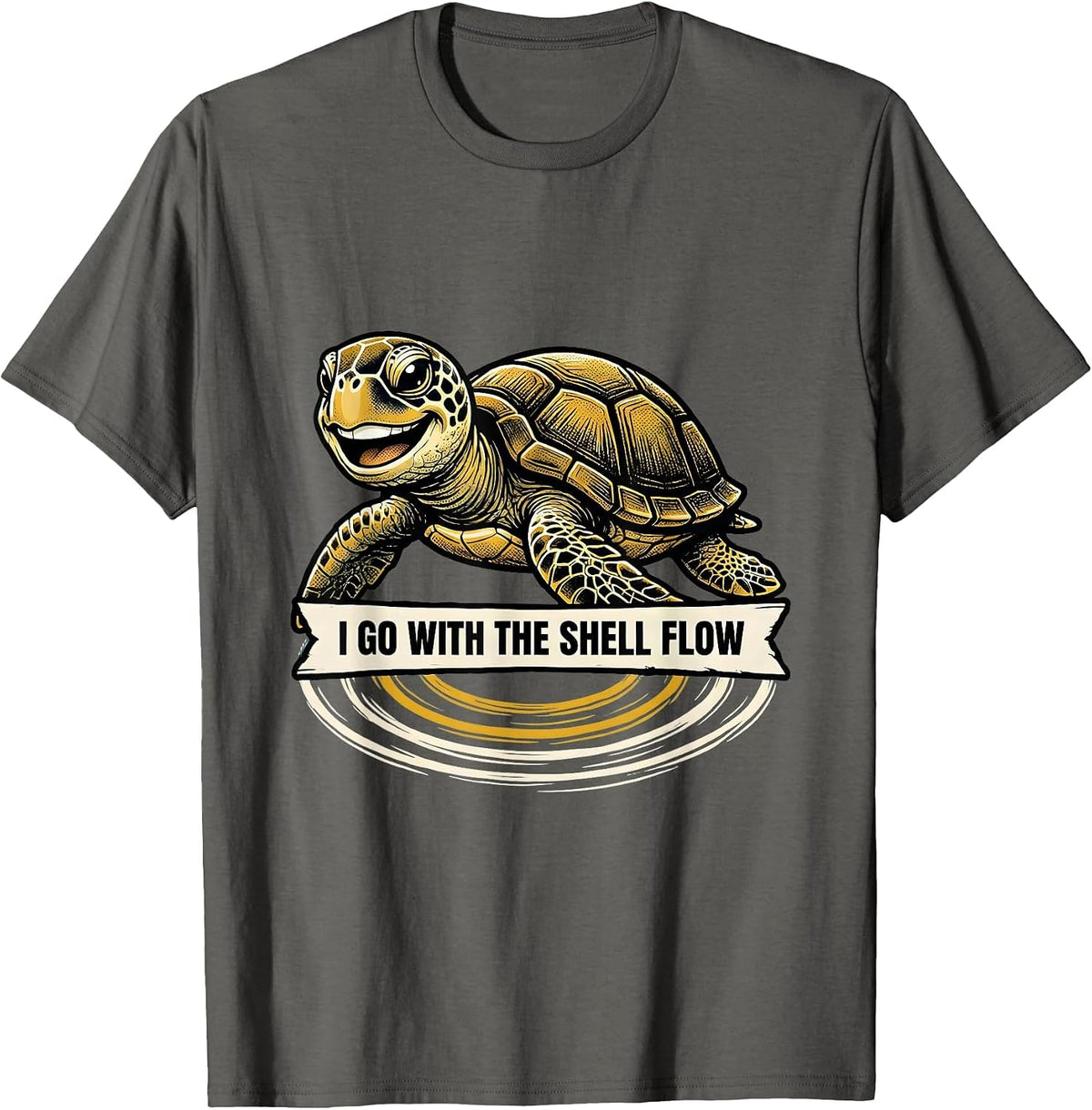 I Go With The Shell Flow Retro Cartoon Sea Turtle Ocean T-Shirt - Asphalt Grey