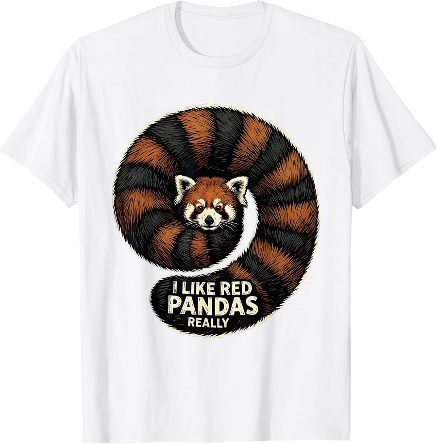Men's I Like Red Pandas, Really Cute Animal Lover Linocut T-Shirt - White