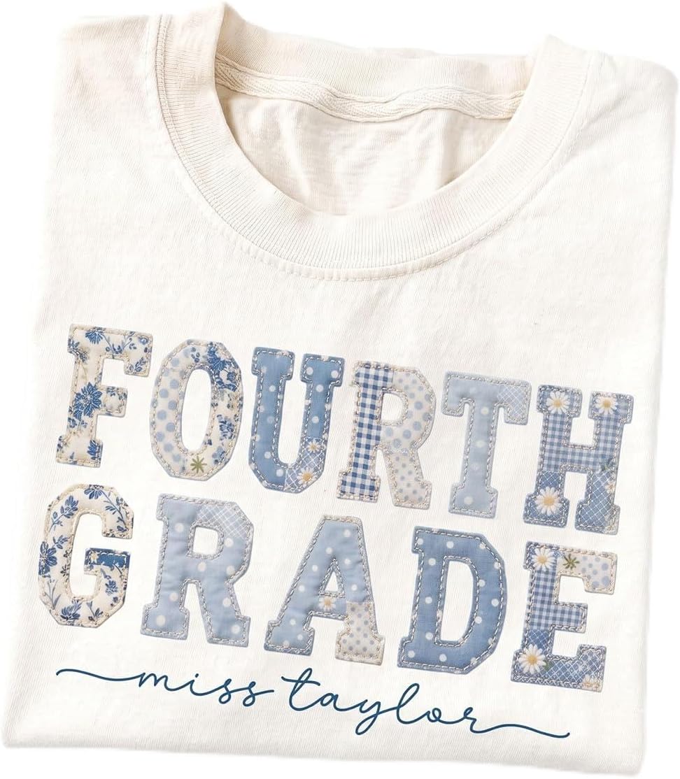 NAZENTI Second Grade Teacher Shirt Womens Floral Blue Faux Patchwork V-Neck Short Sleeve 2nd Grade Team Tee Back to School -