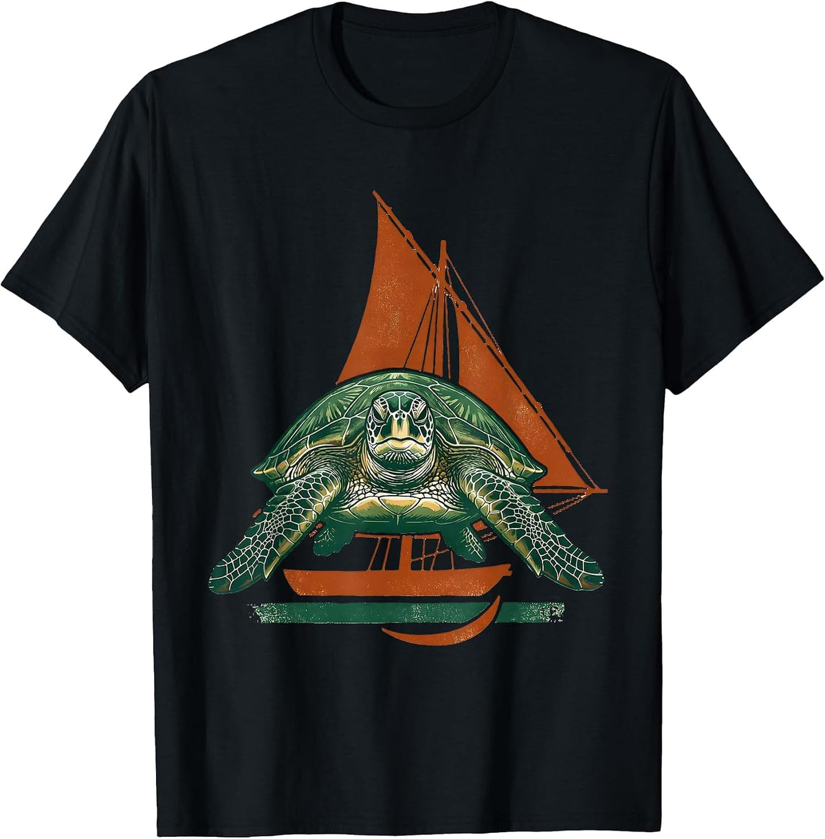 Men's Sea Turtle Dhow Sail Rubber Stamp Tropical Vacation T-Shirt - Black