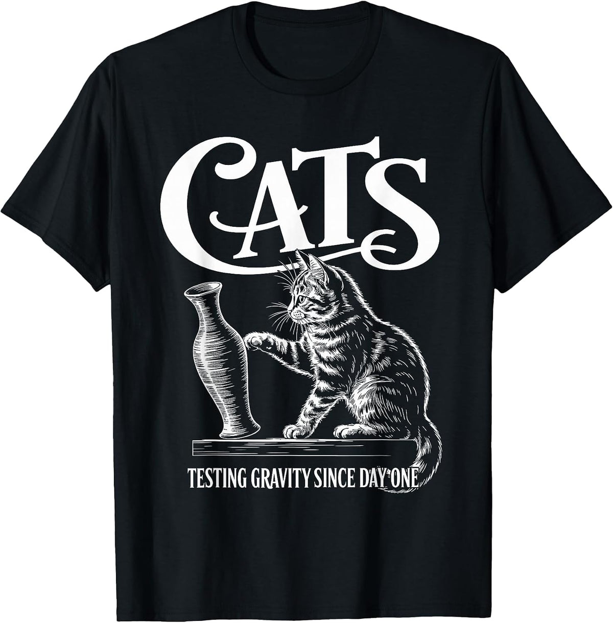 Funny Cat Physics Testing Gravity Since Day One, Math Joke T-Shirt - Black