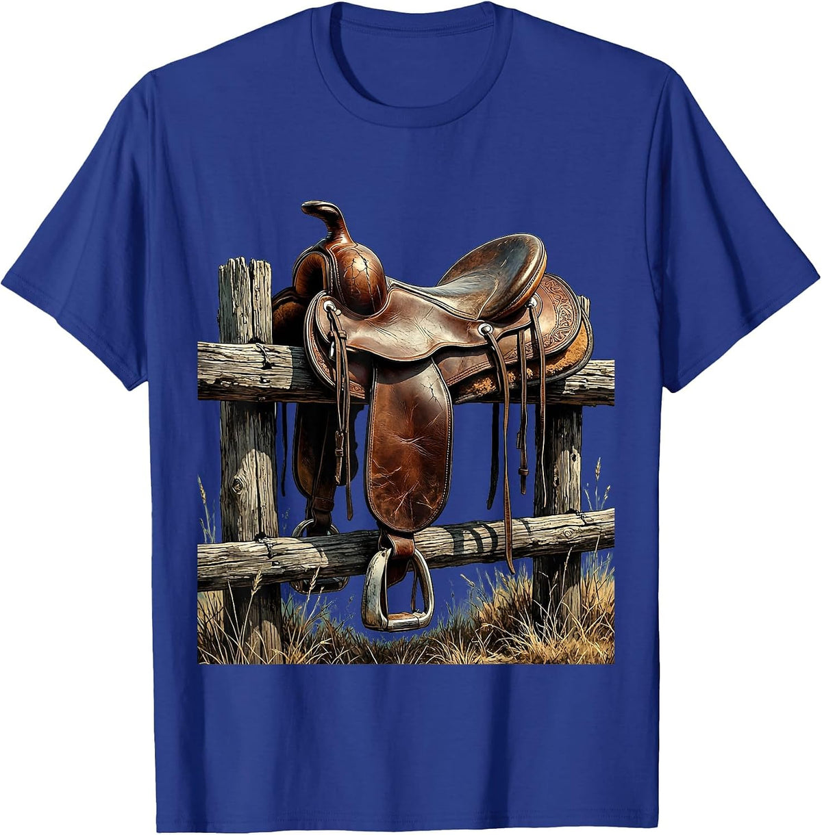 Saddle on Split-Rail Fence Country Western Design T-Shirt - Royal Blue
