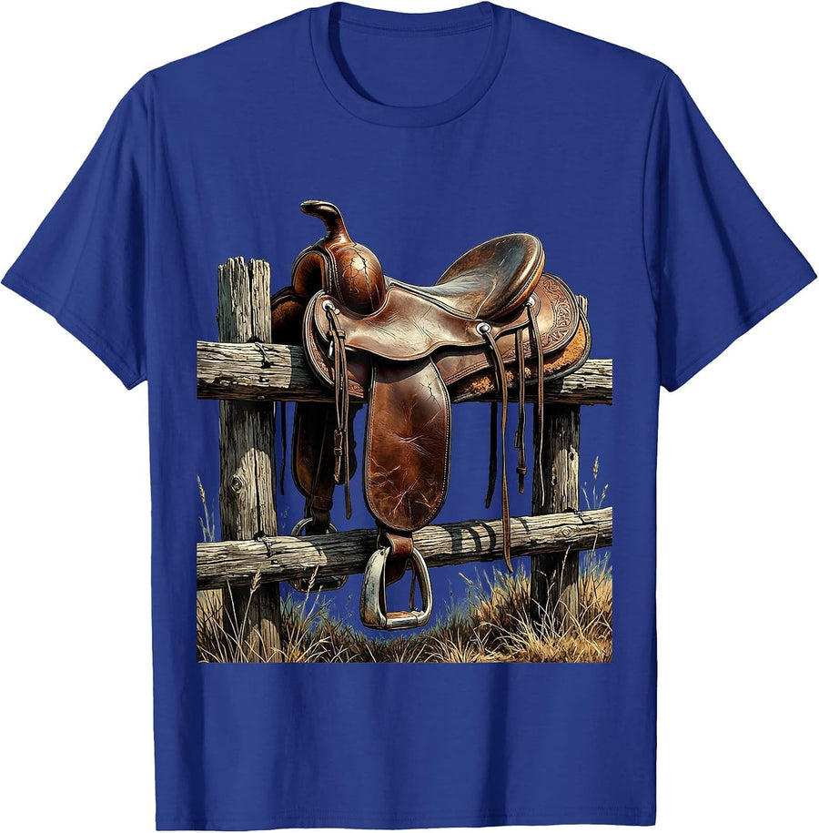 Saddle on Split-Rail Fence Country Western Design T-Shirt - Royal Blue