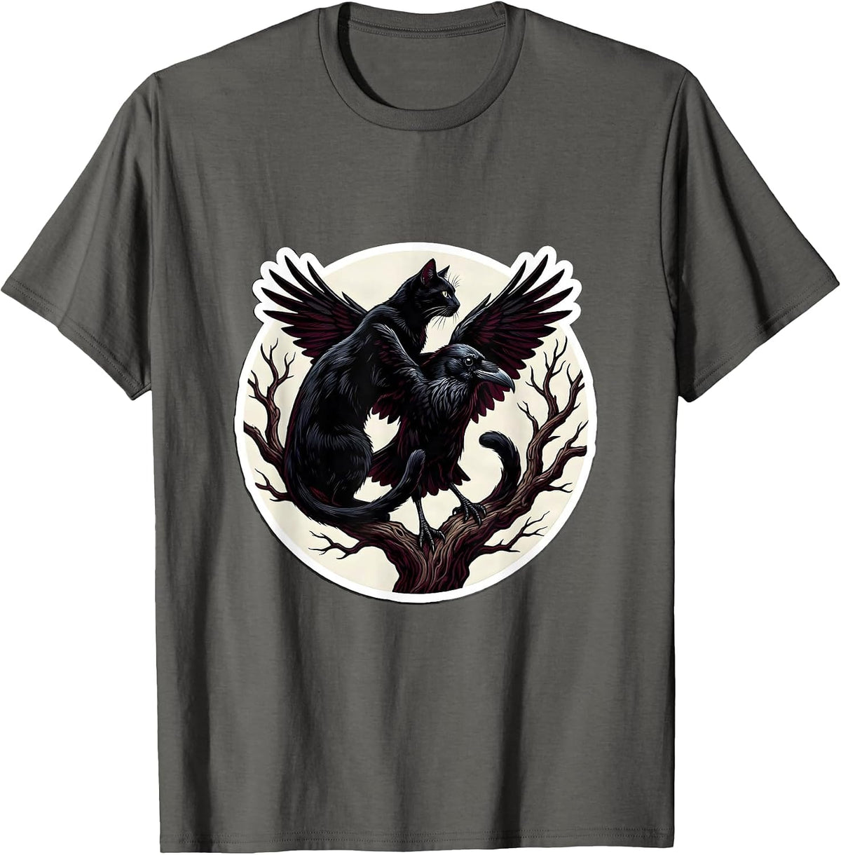 Black Cat and Raven Tangled on Bare Branch T-Shirt - Asphalt Grey