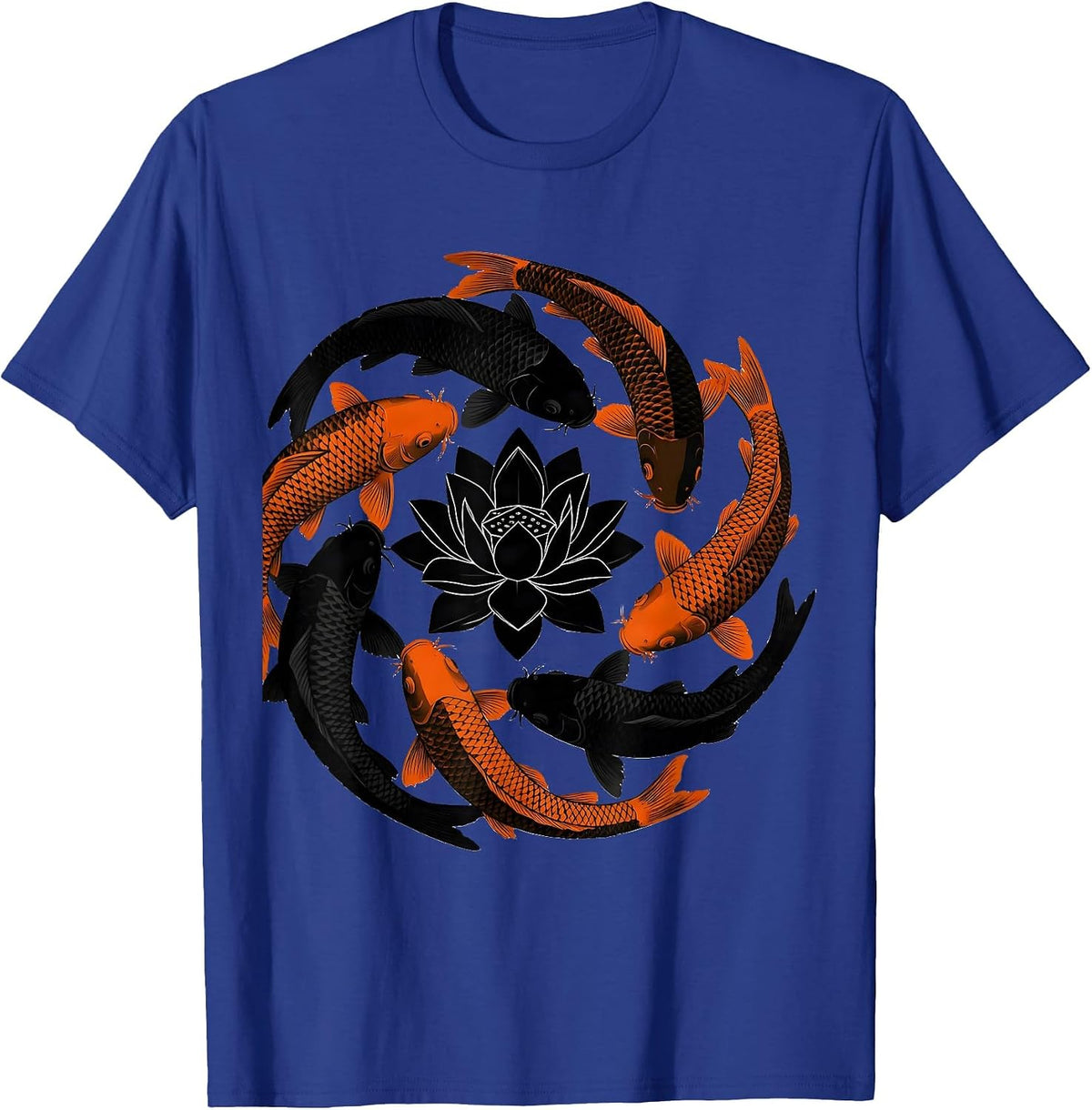 Men's Six Koi Fish Circling Lotus Blossom Art Design T-Shirt - Royal Blue