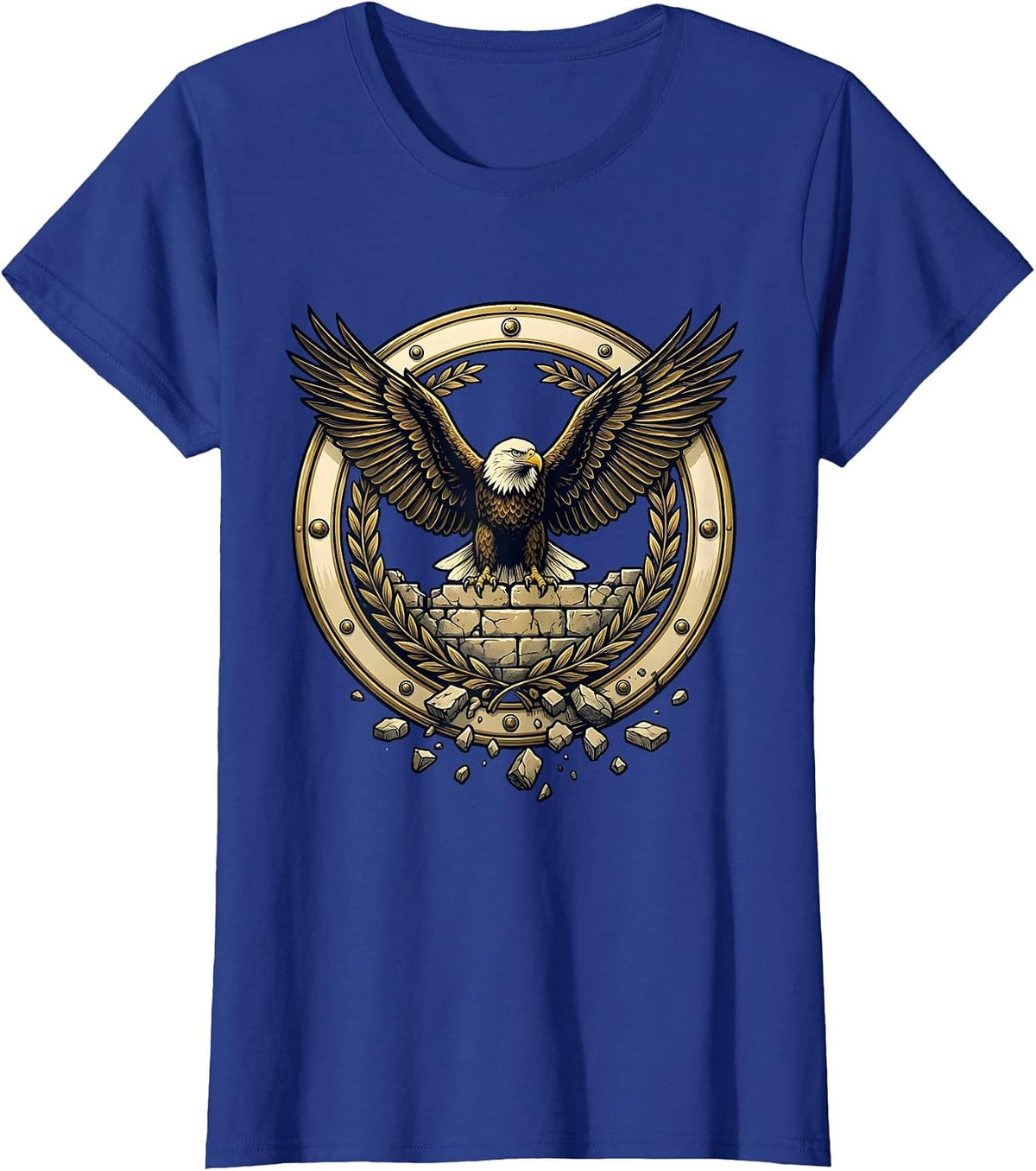 Women's Bald Eagle Perched on Crumbling Wall Patriotic Art T-Shirt - Royal Blue