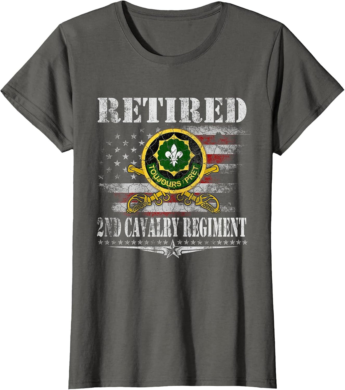 Retired 2nd Armored Cavalry Regiment Veteran Flag Patriotic T-Shirt - Asphalt Grey