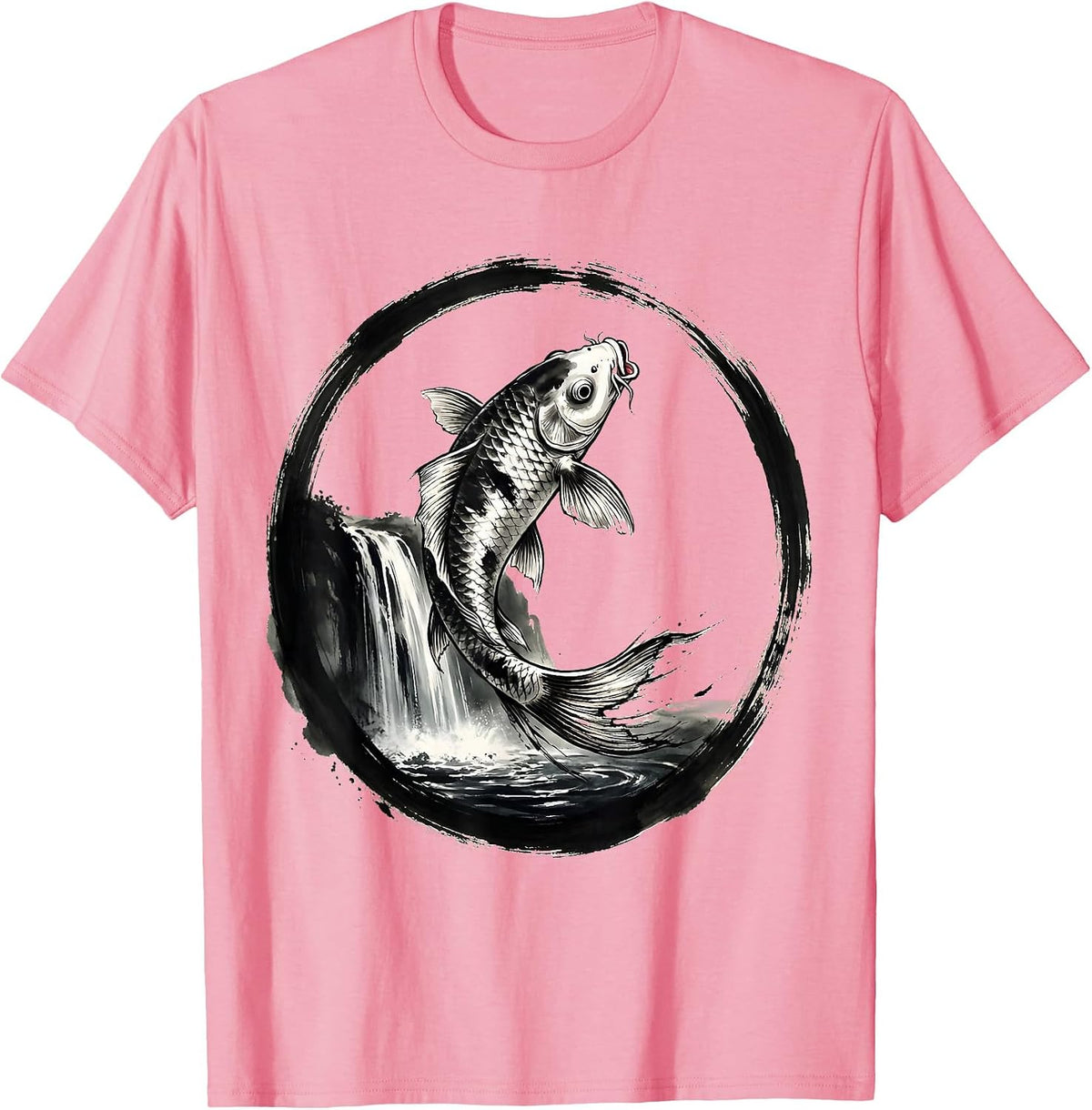 Men's White Koi Fish Leaping Waterfall Freedom Design T-Shirt - Pink