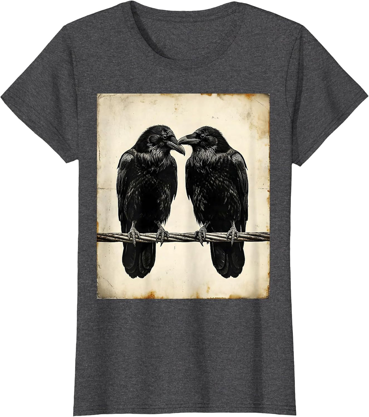 Women's Two Ravens on a Wire Facing Each Other T-Shirt - Dark Heather Grey