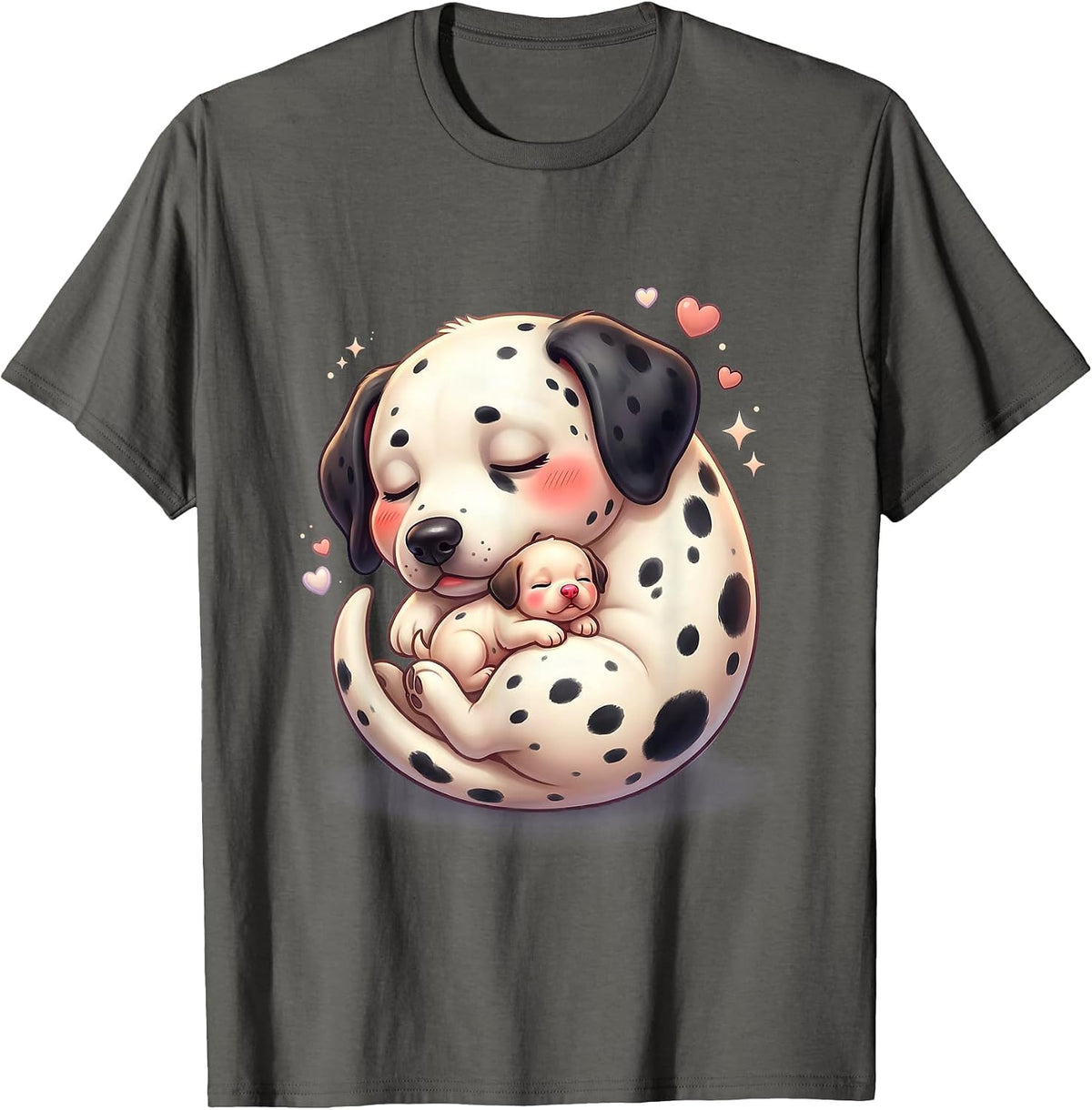 Men's Dalmatian Mom Curled Around Sleeping Newborn Puppy T-Shirt - Asphalt Grey
