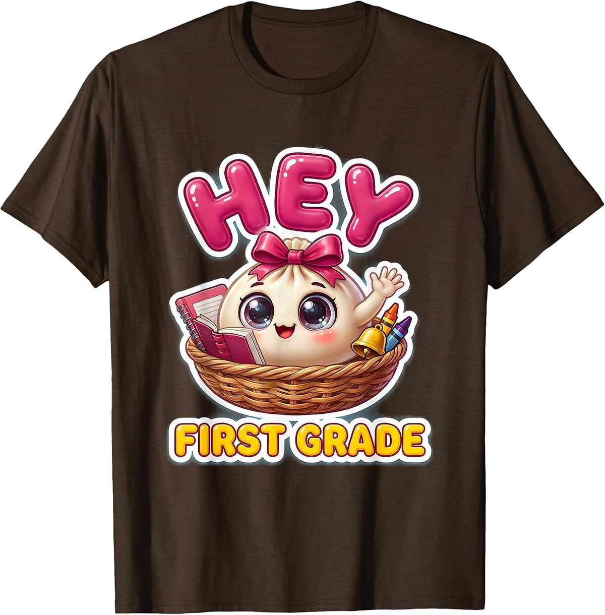 Men's Hey First Grade Cute Dumpling Back to School Girl Teacher T-Shirt - Brown
