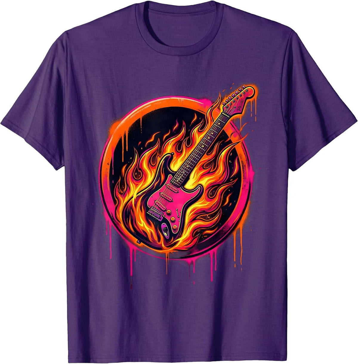Flaming Electric Guitar Rock Band Graphic T-Shirt - Purple