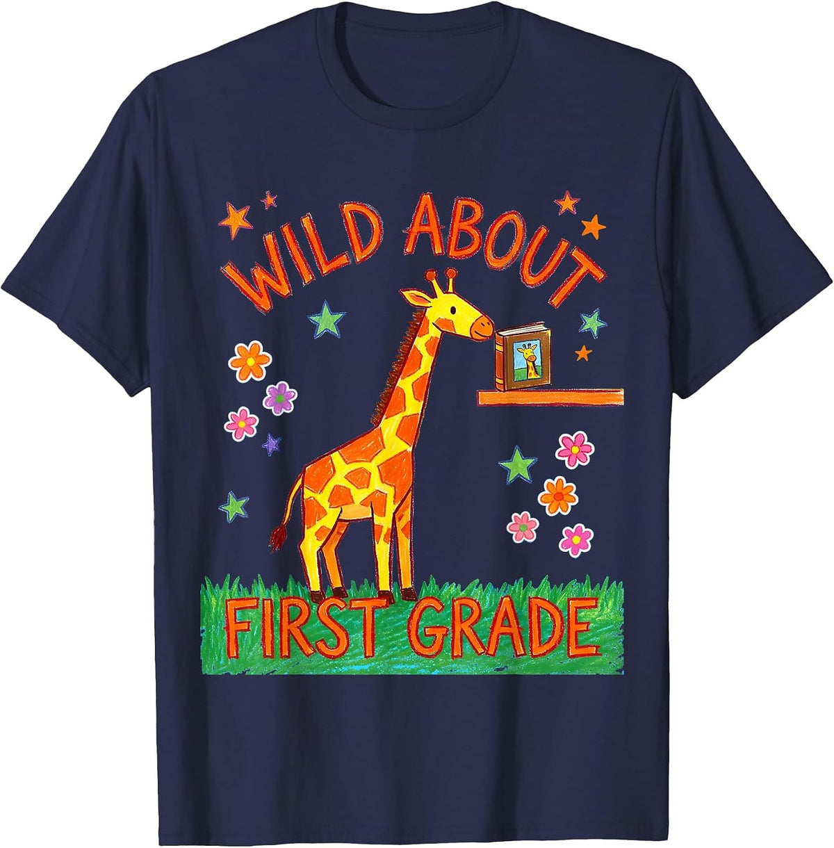 Wild About First Grade Naive Kidcore Teacher Back To School T-Shirt - Navy Blue
