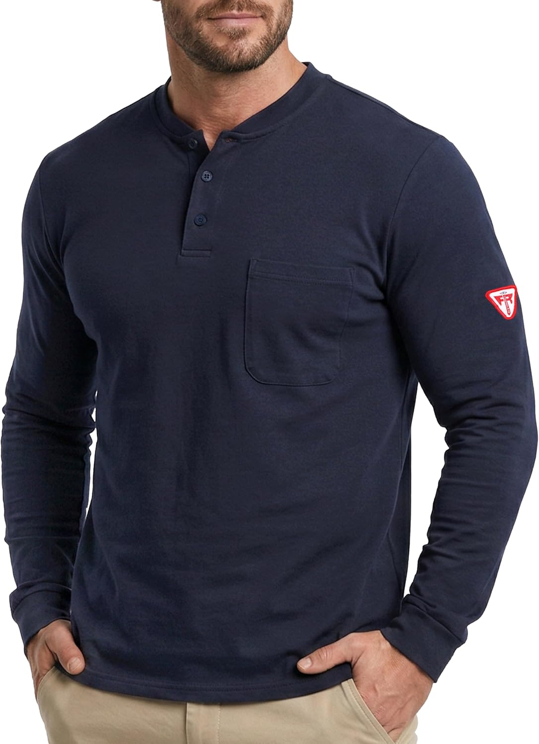 TICOMELA FR T Shirt Flame Resistant Shirt 5.5oz 100% Cotton Light Weight Workwear Men's Long Sleeve Henley Shirts - Navy