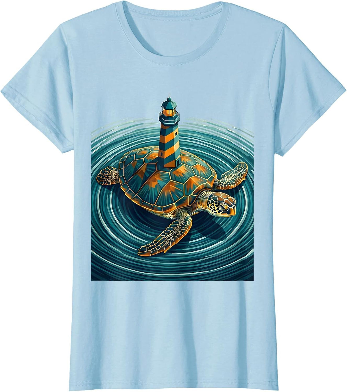 Giant Sea Turtle With Lighthouse On Back T-Shirt - Baby Blue